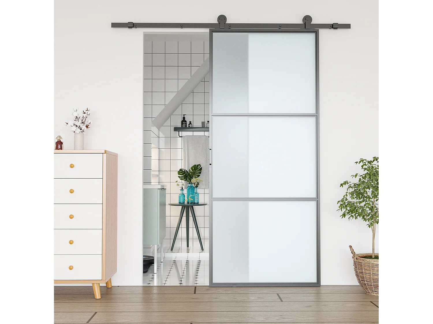 Kit porta scorrevole con binari, fermi e guide in acciaio 200x40x0.6cm