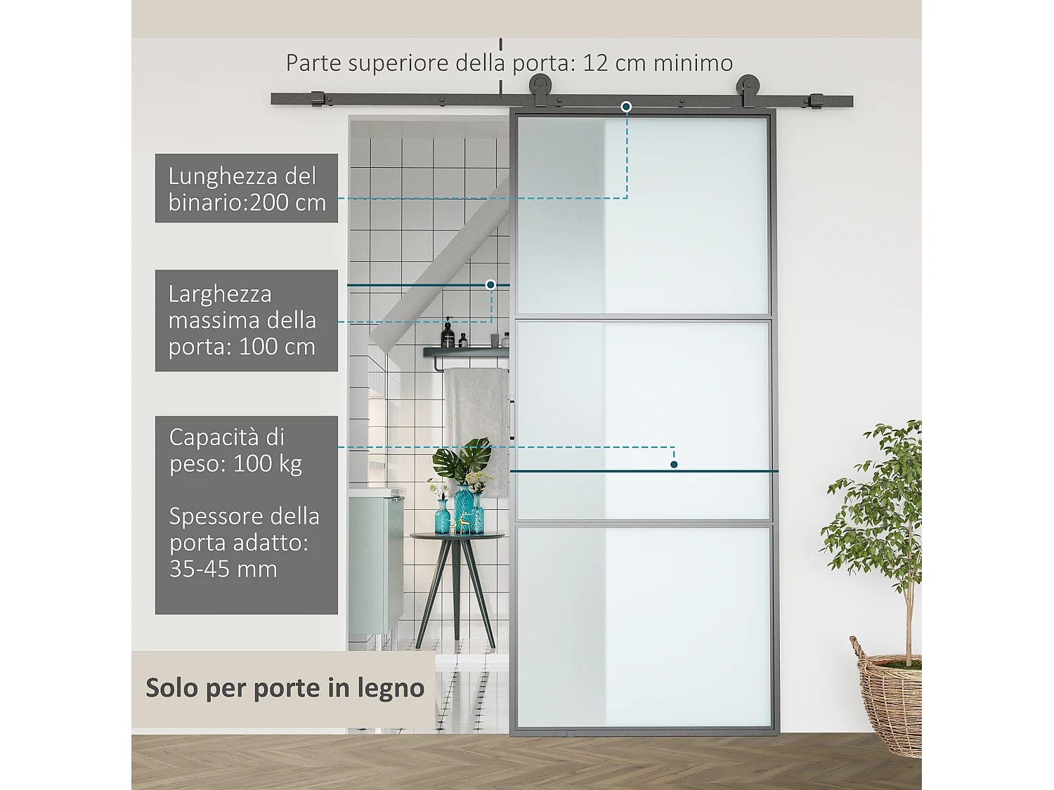 Kit porta scorrevole con binari, fermi e guide in acciaio 200x40x0.6cm