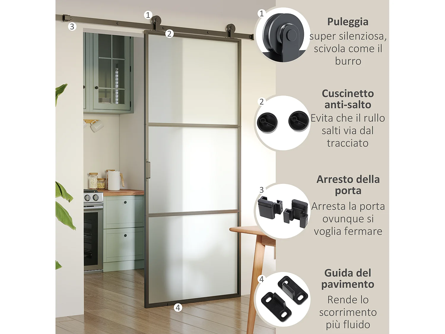 Kit porta scorrevole con binari, fermi e guide in acciaio 200x40x0.6cm