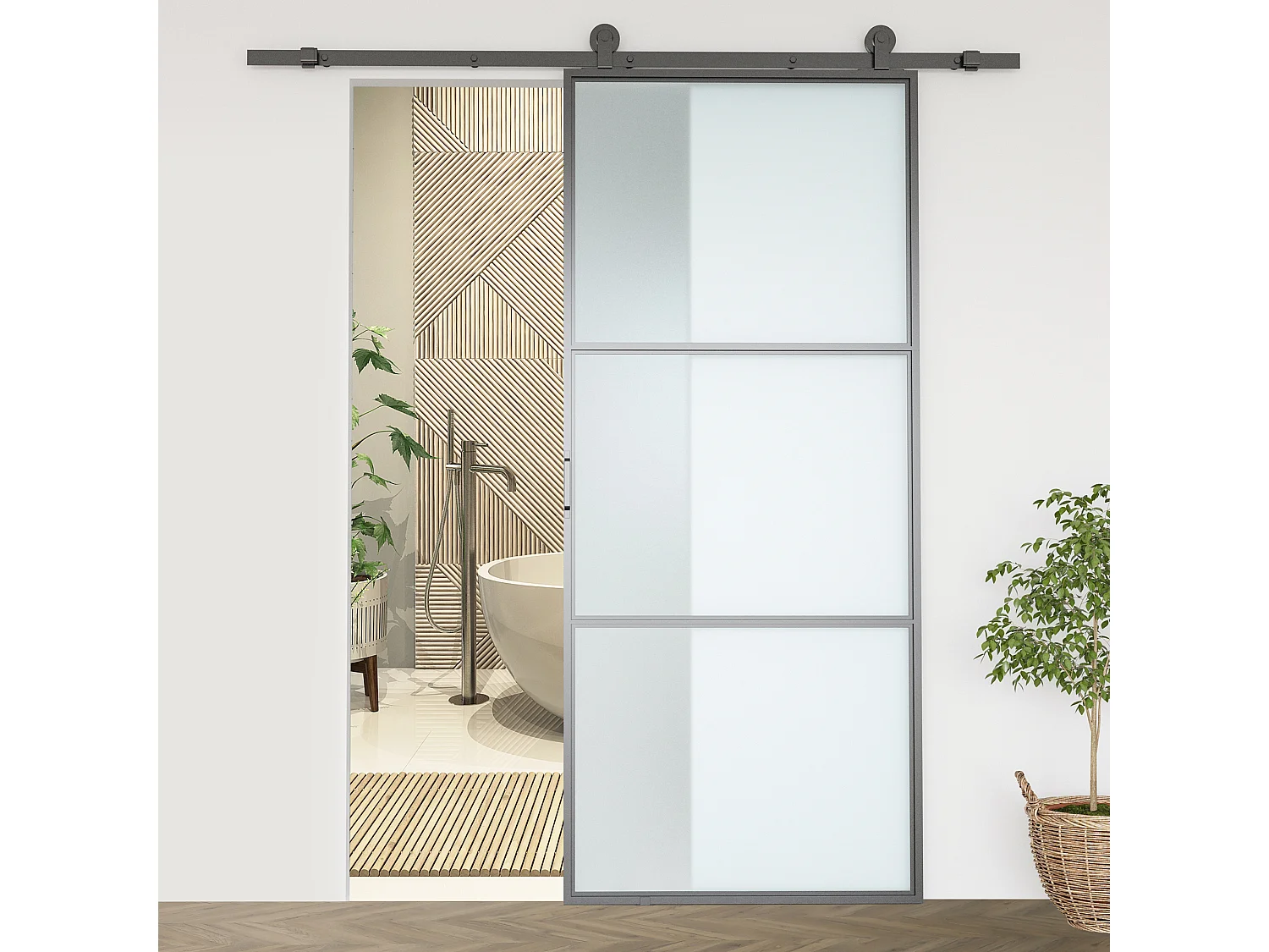 Kit porta scorrevole con binari, fermi e guide in acciaio 200x40x0.6cm