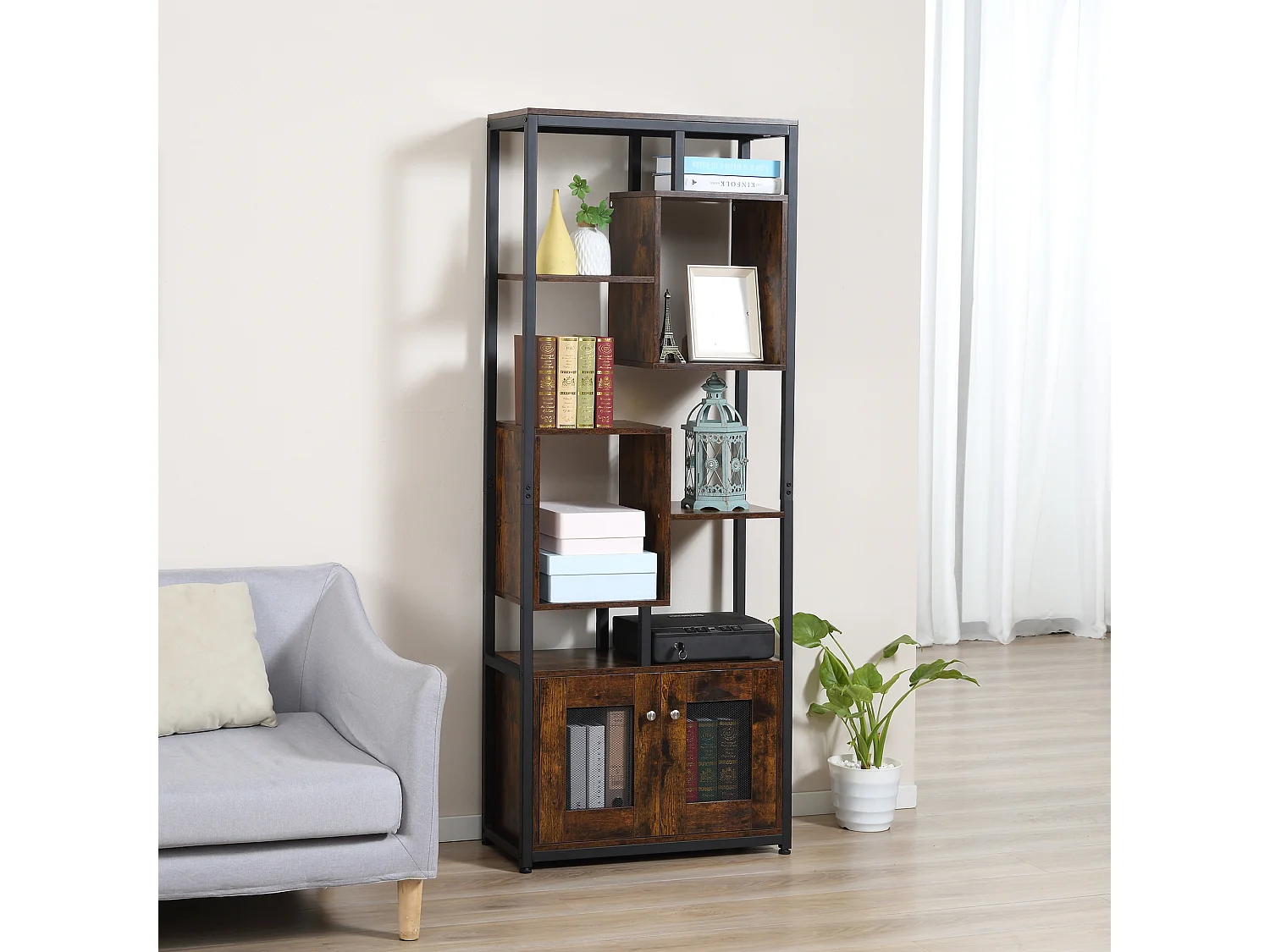 Mobile libreria 8 ripiani armadietto 2 ante stile industriale