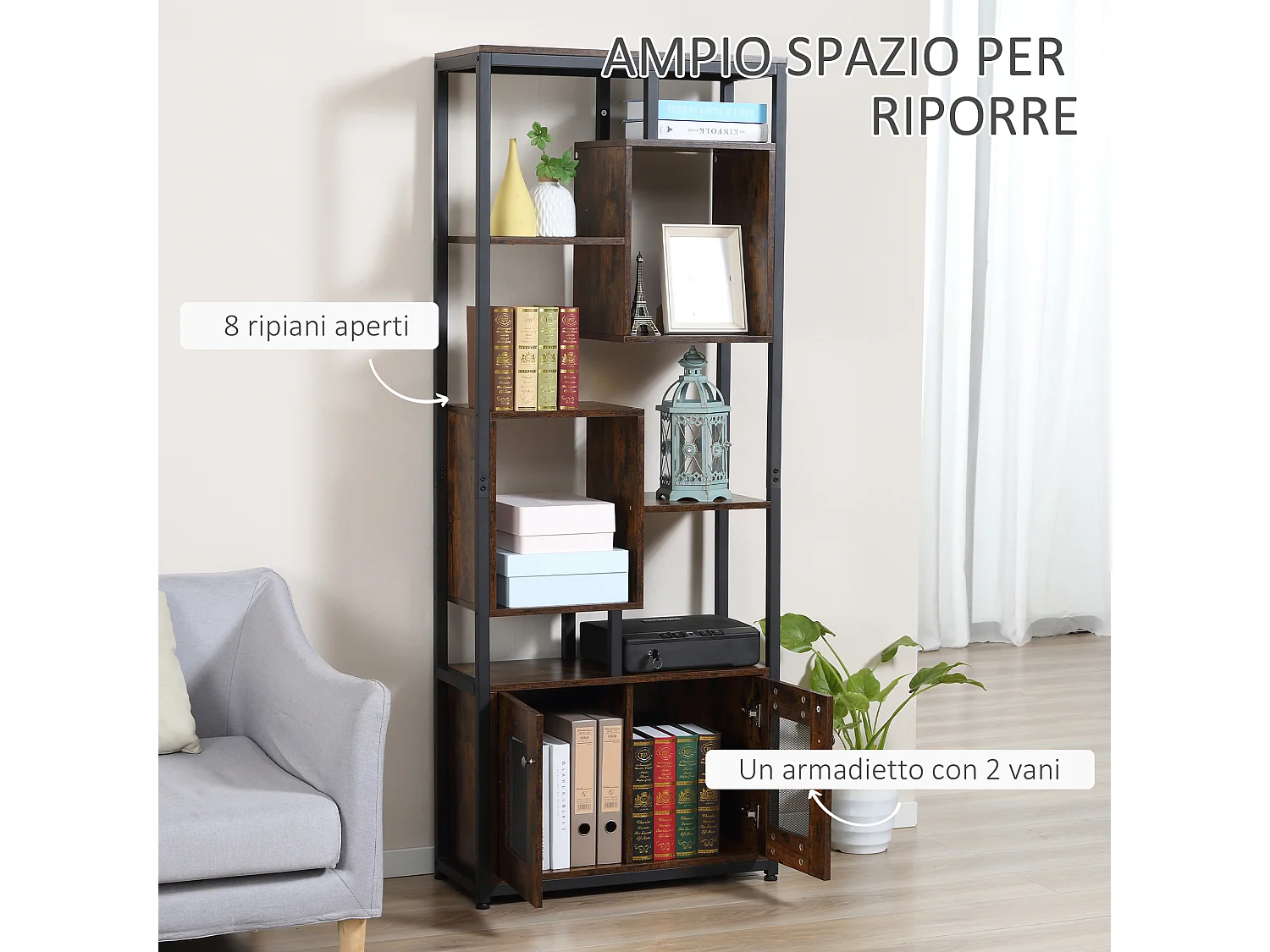 Mobile libreria 8 ripiani armadietto 2 ante stile industriale