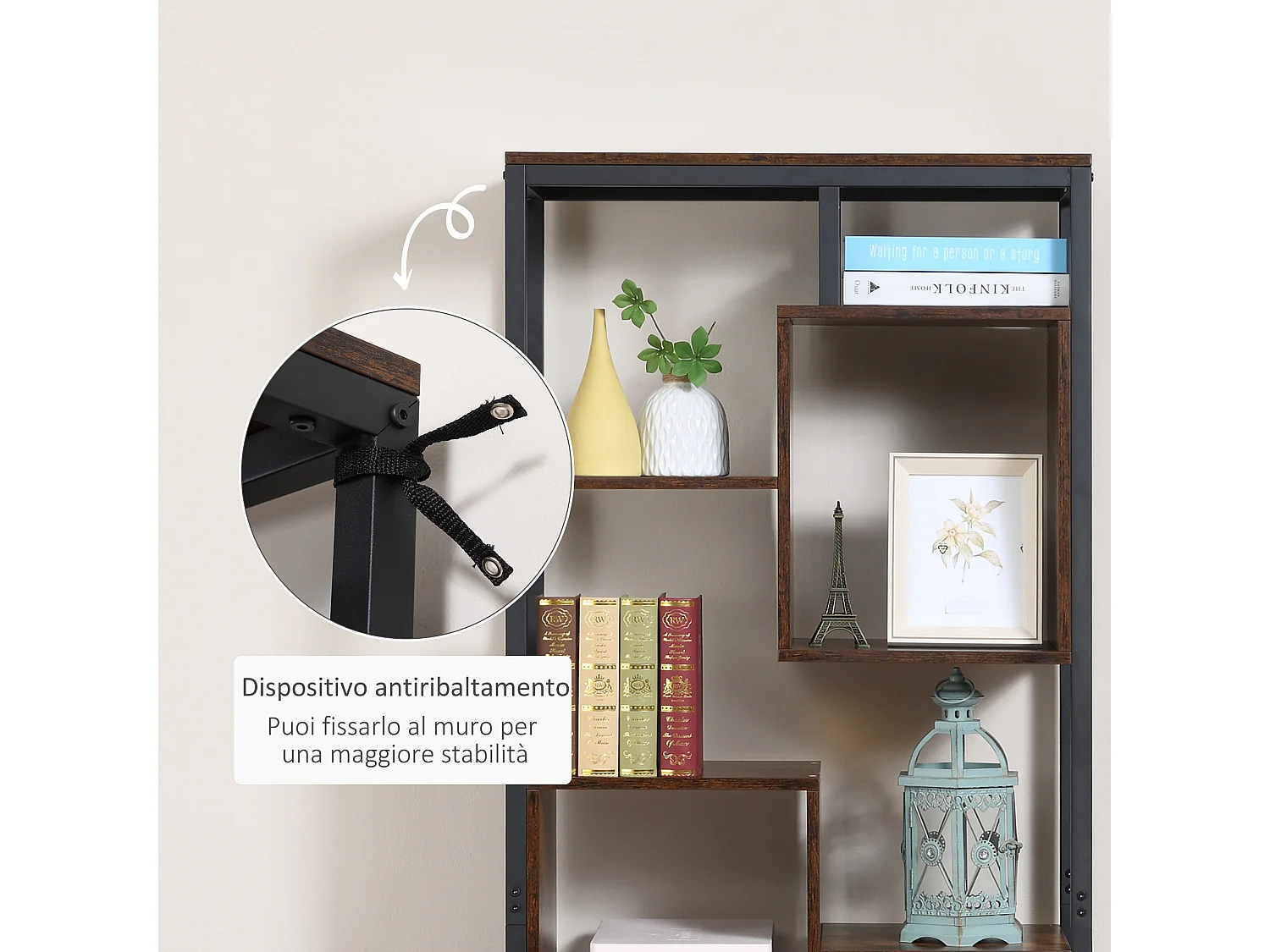 Mobile libreria 8 ripiani armadietto 2 ante stile industriale