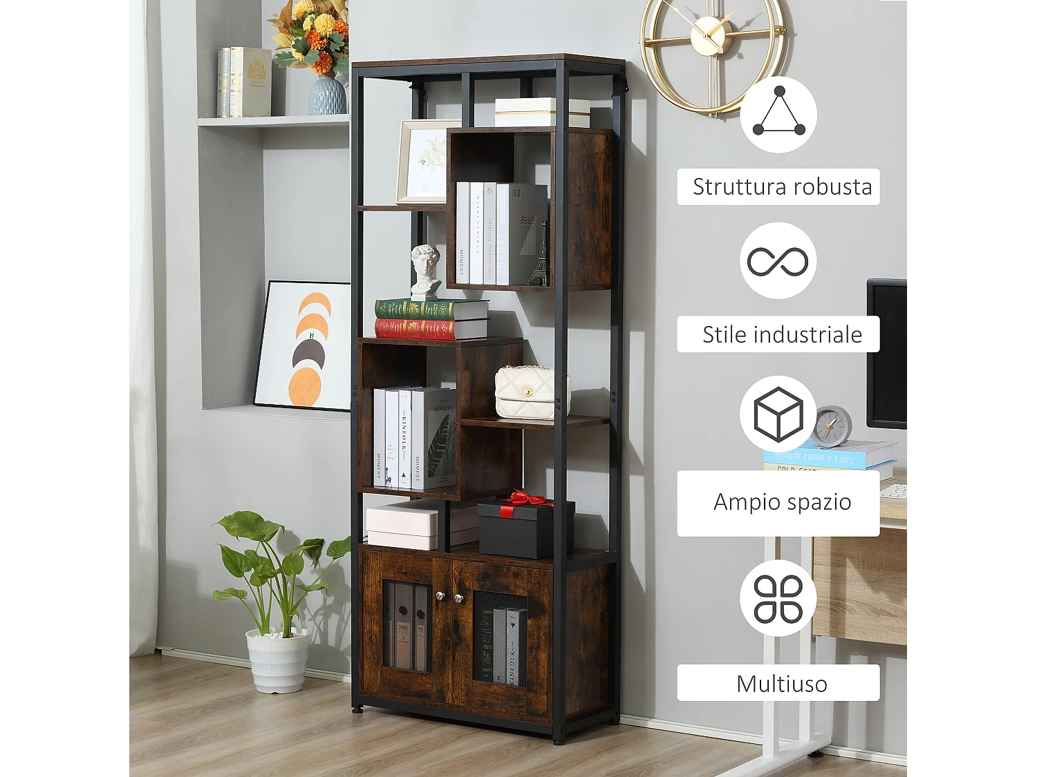 Mobile libreria 8 ripiani armadietto 2 ante stile industriale