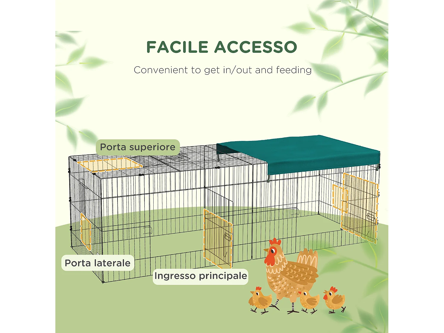 Gabbia per conigli con tettuccio 220x85x70cm in acciaio verde