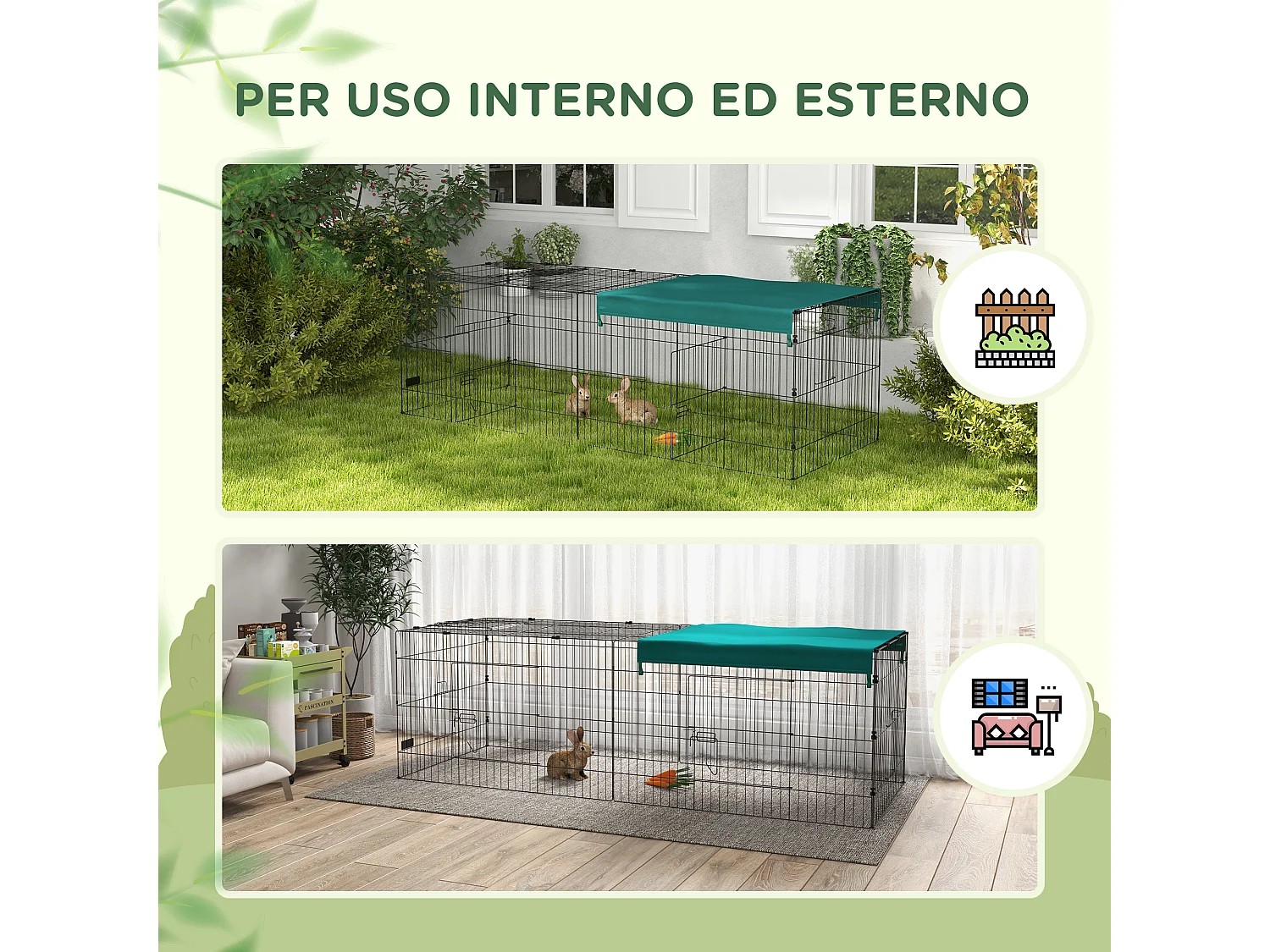 Gabbia per conigli con tettuccio 220x85x70cm in acciaio verde