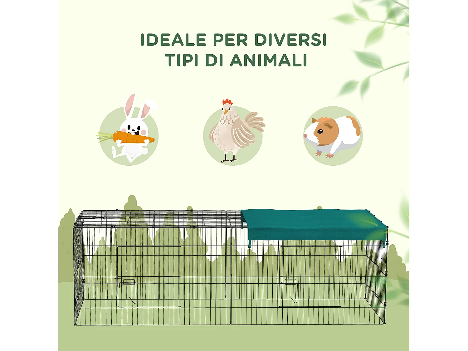 Gabbia per conigli con tettuccio 220x85x70cm in acciaio verde