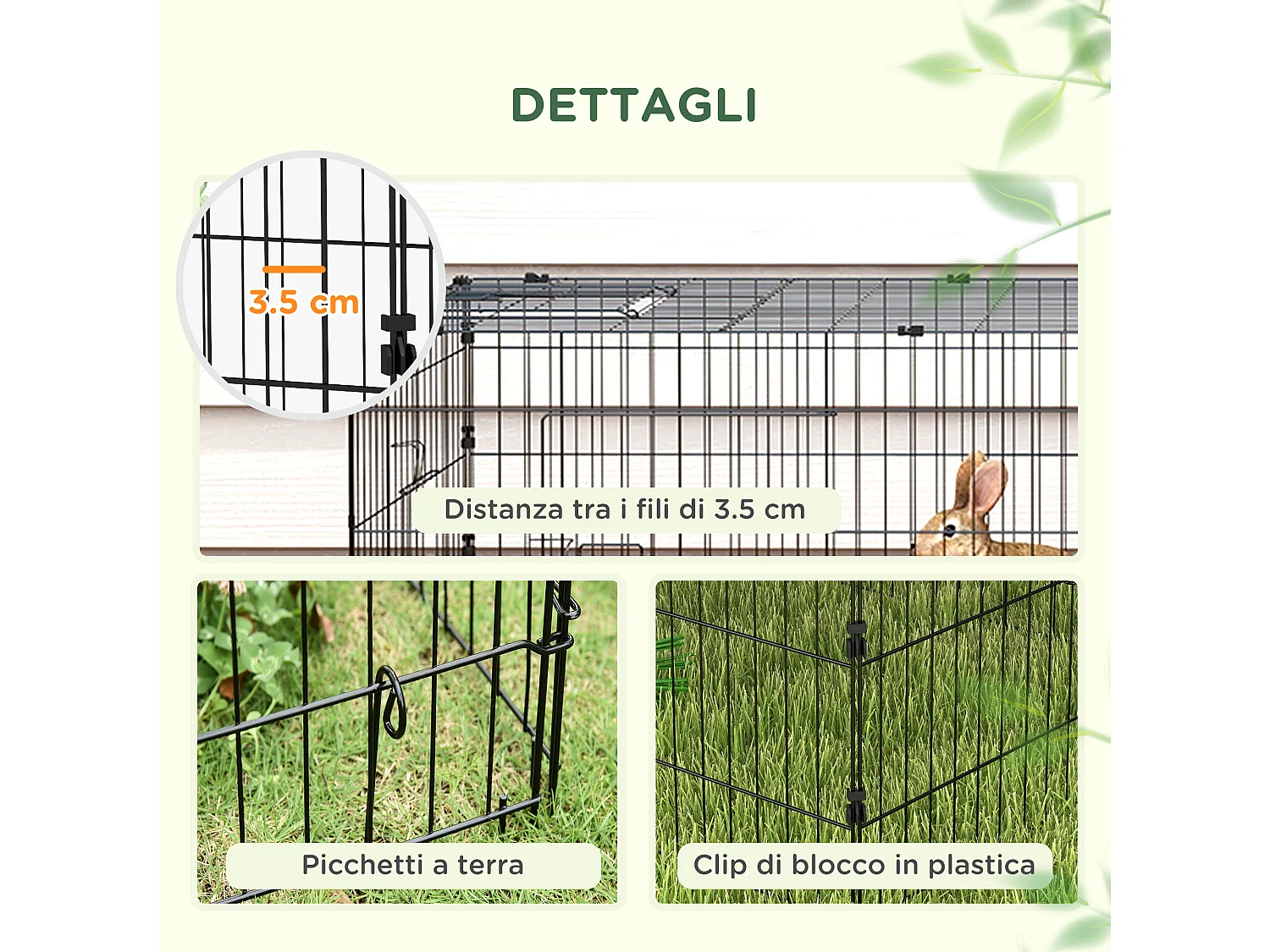 Gabbia per conigli con tettuccio 220x85x70cm in acciaio verde