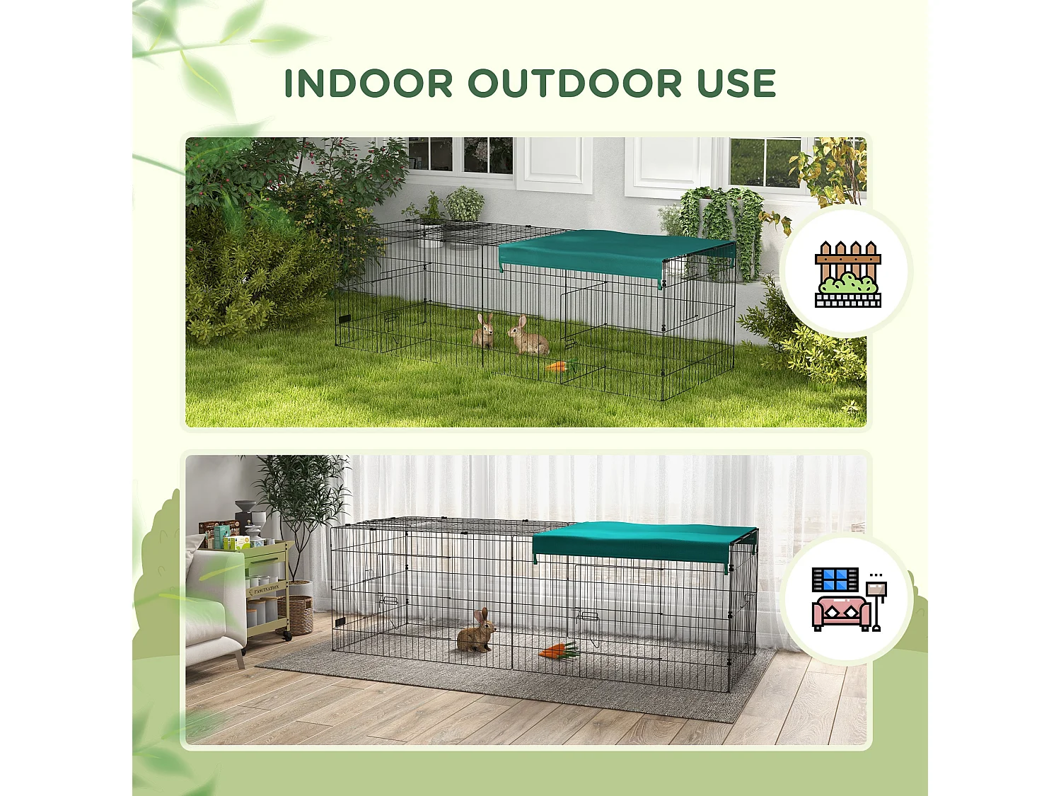 Gabbia per conigli con tettuccio 220x85x70cm in acciaio verde