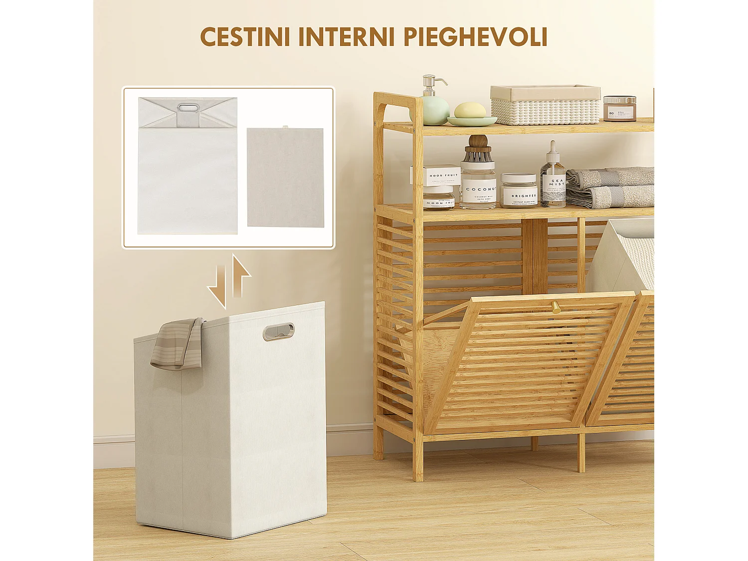 Mobile portabiancheria da bagno con 2 scomparti a ribalta 2x41l