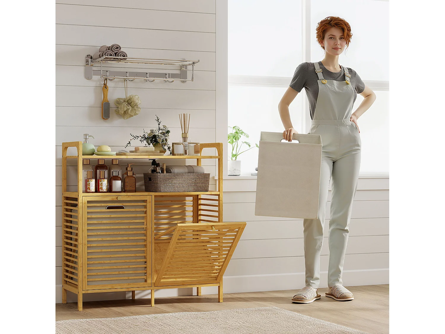 Mobile portabiancheria da bagno con 2 scomparti a ribalta 2x41l