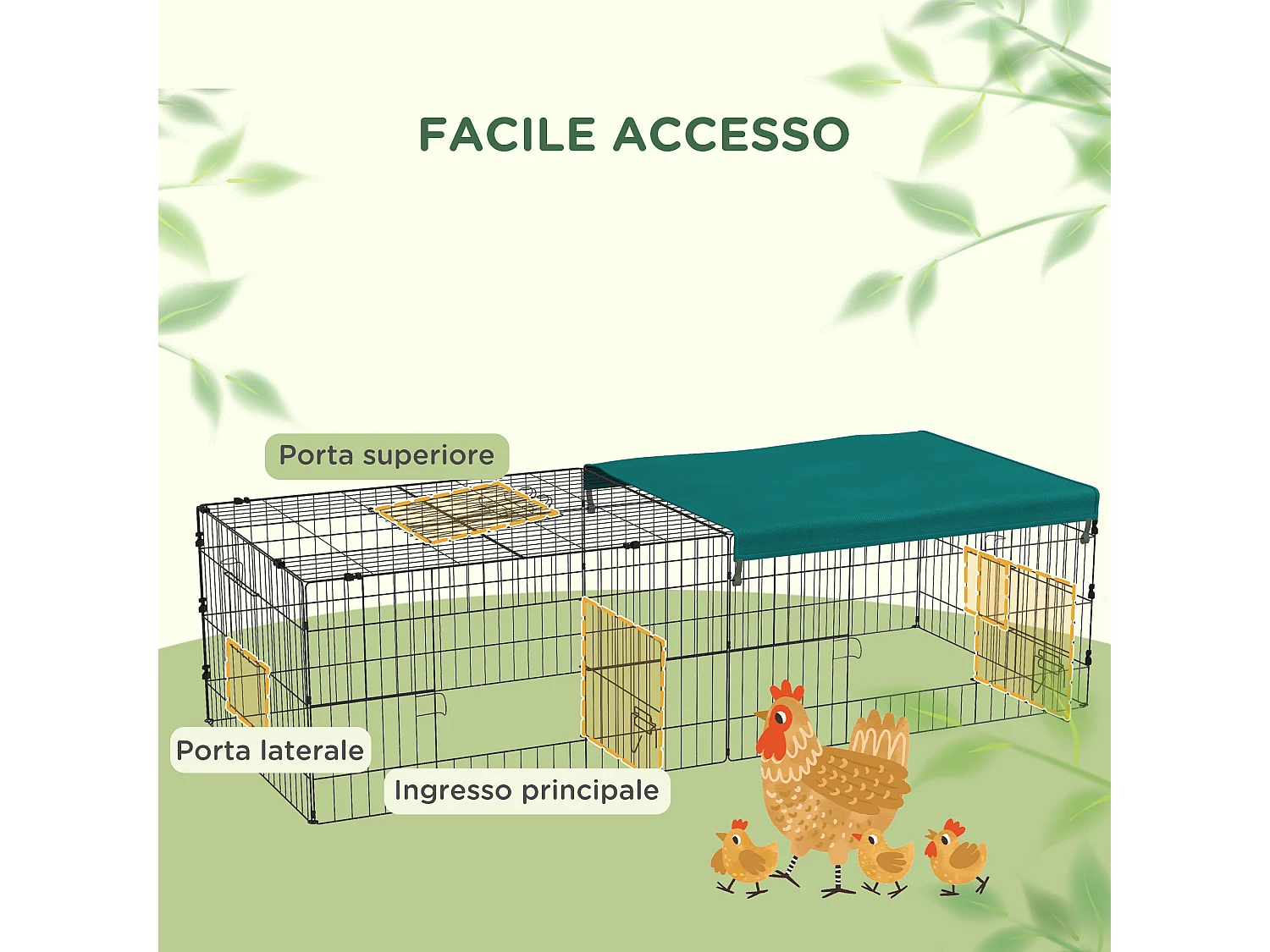 Gabbia per conigli con tettuccio 185x75x50cm in acciaio verde