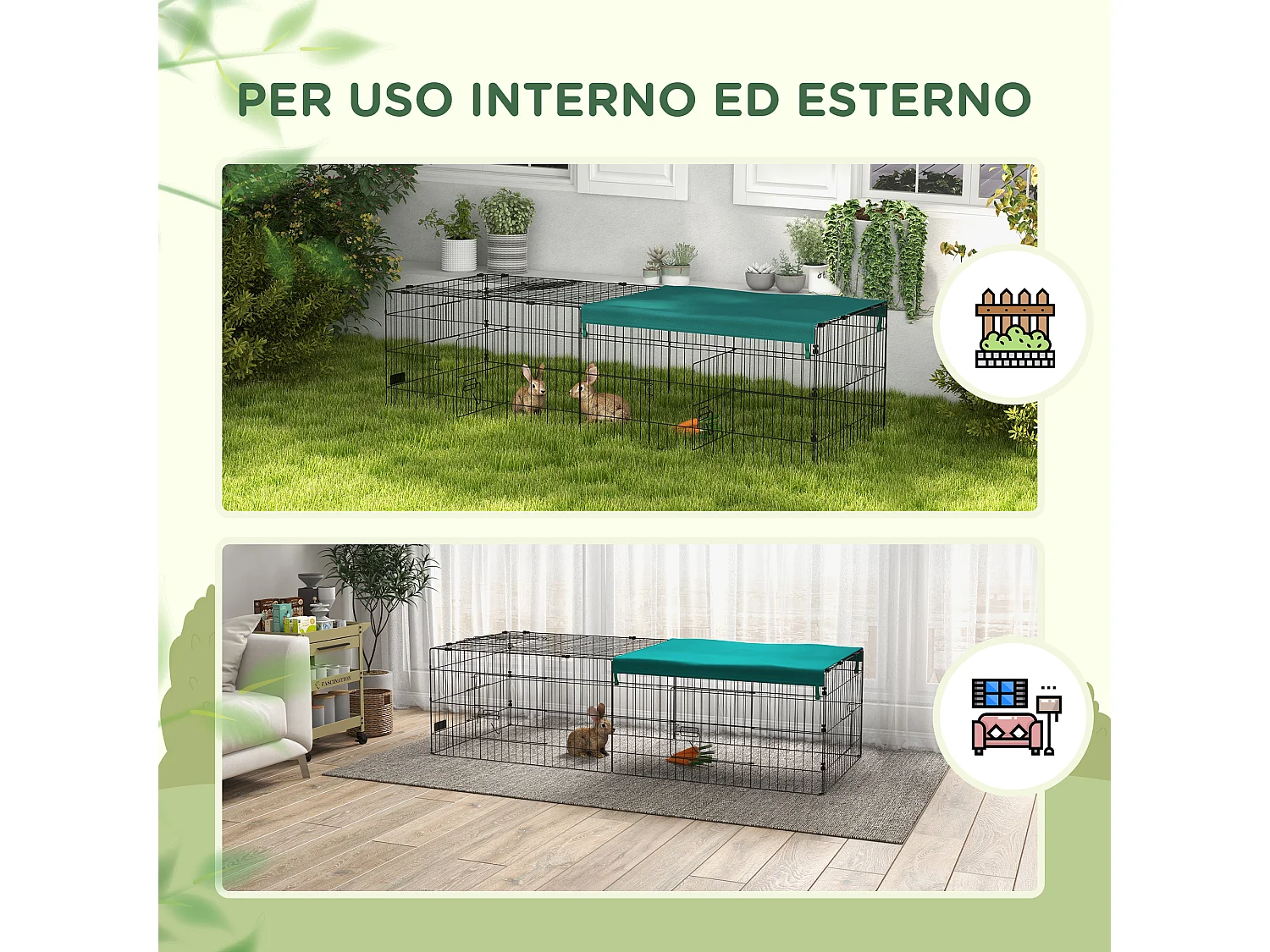 Gabbia per conigli con tettuccio 185x75x50cm in acciaio verde