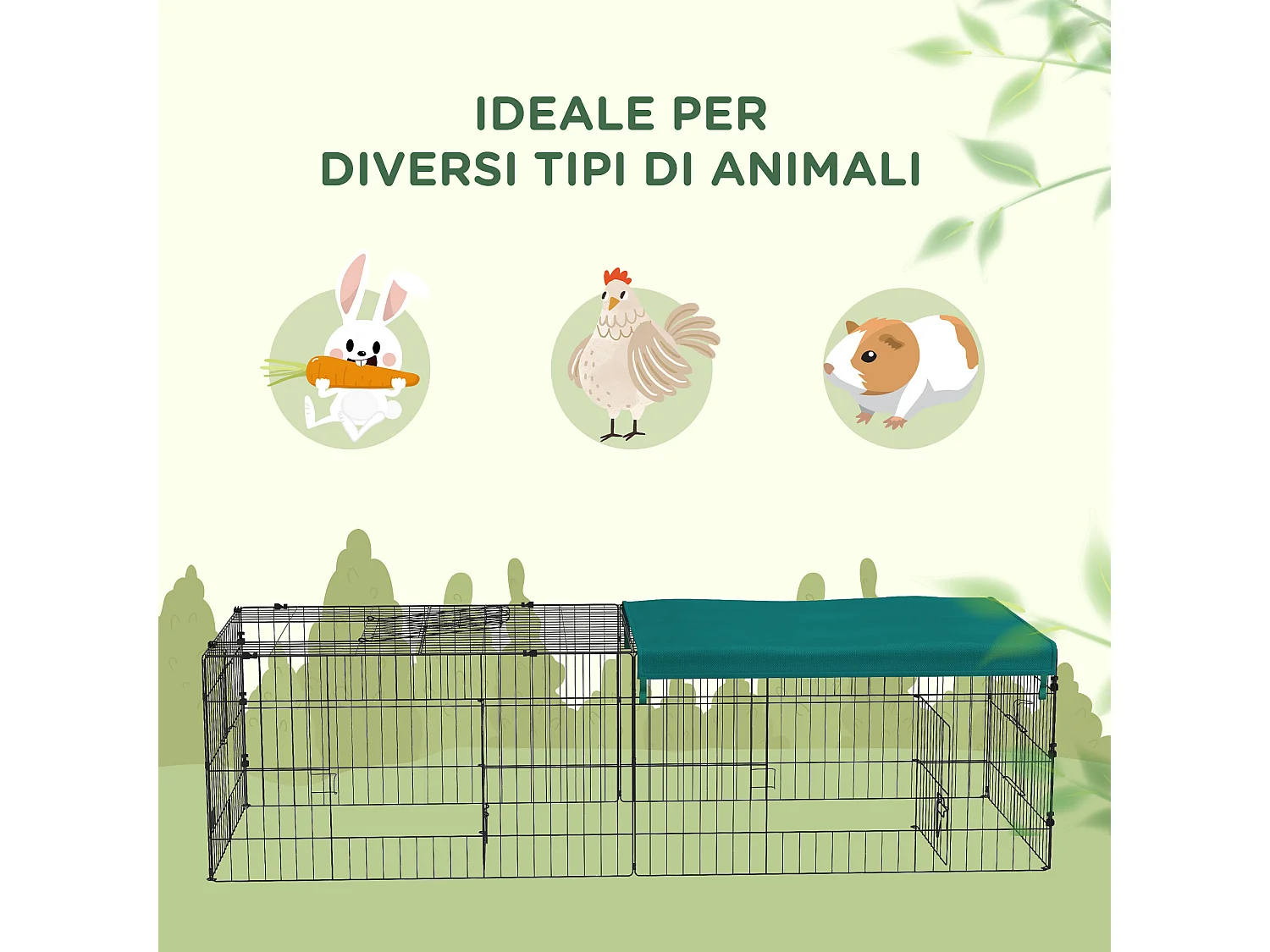 Gabbia per conigli con tettuccio 185x75x50cm in acciaio verde