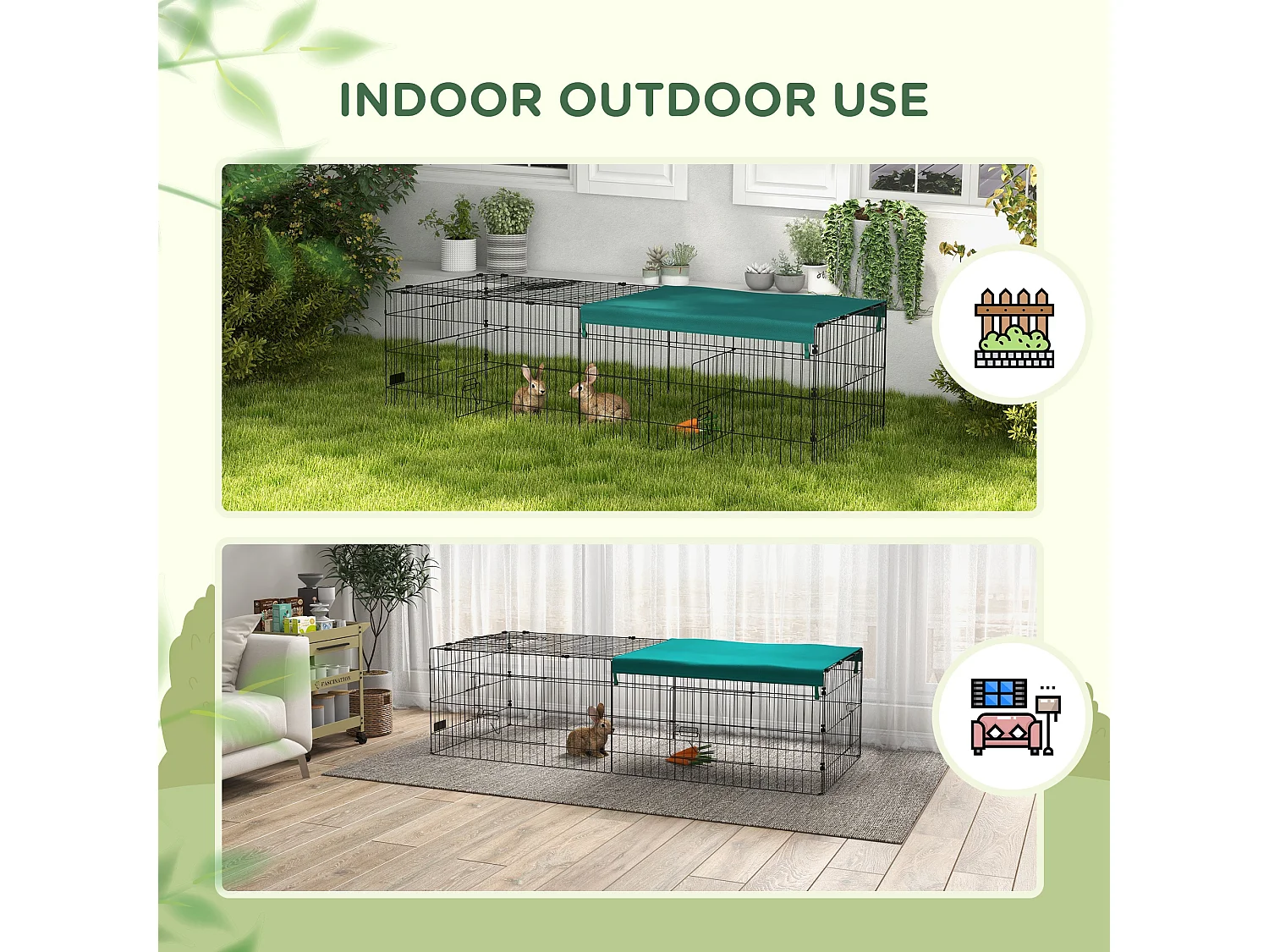 Gabbia per conigli con tettuccio 185x75x50cm in acciaio verde