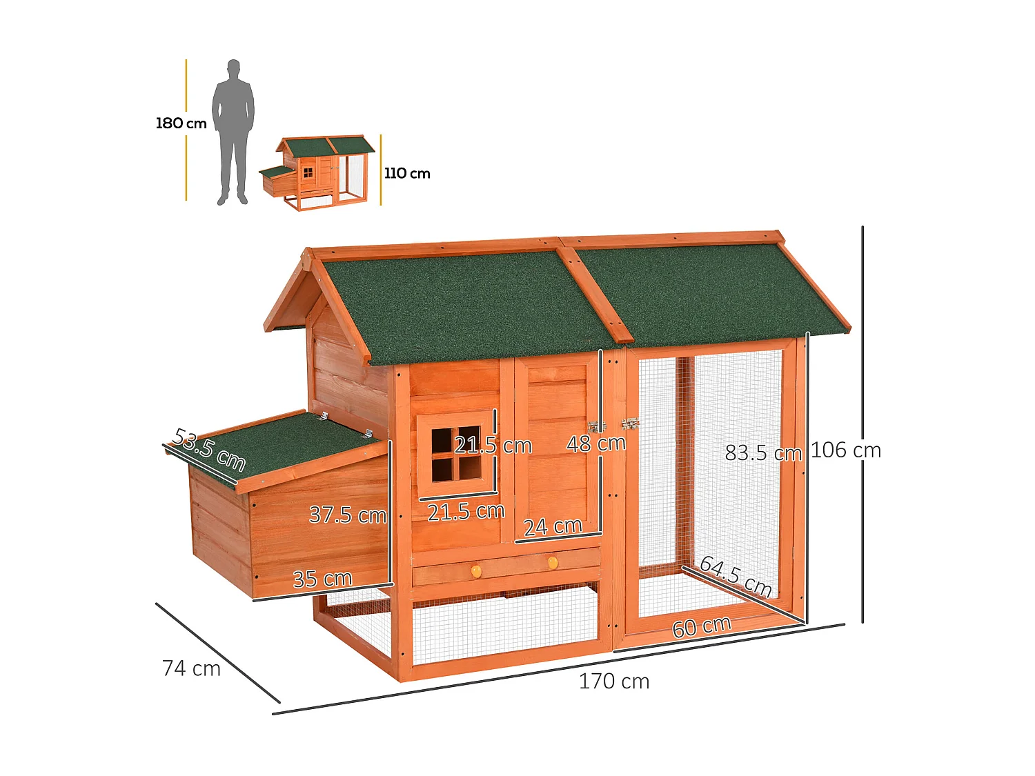 PawHut Pollaio in Legno Prefabbricato con Nido per la Cova e Casetta