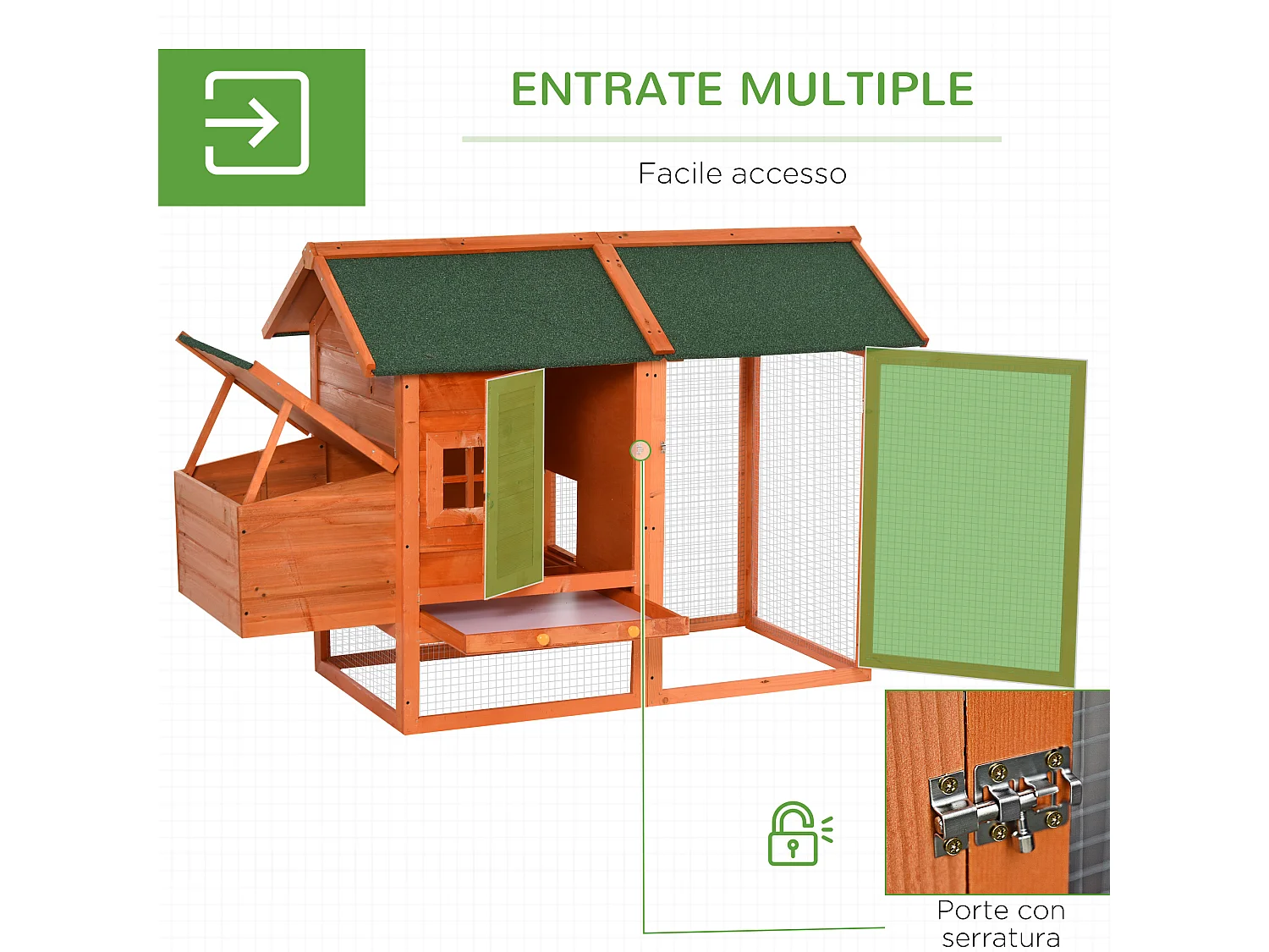 PawHut Pollaio in Legno Prefabbricato con Nido per la Cova e Casetta