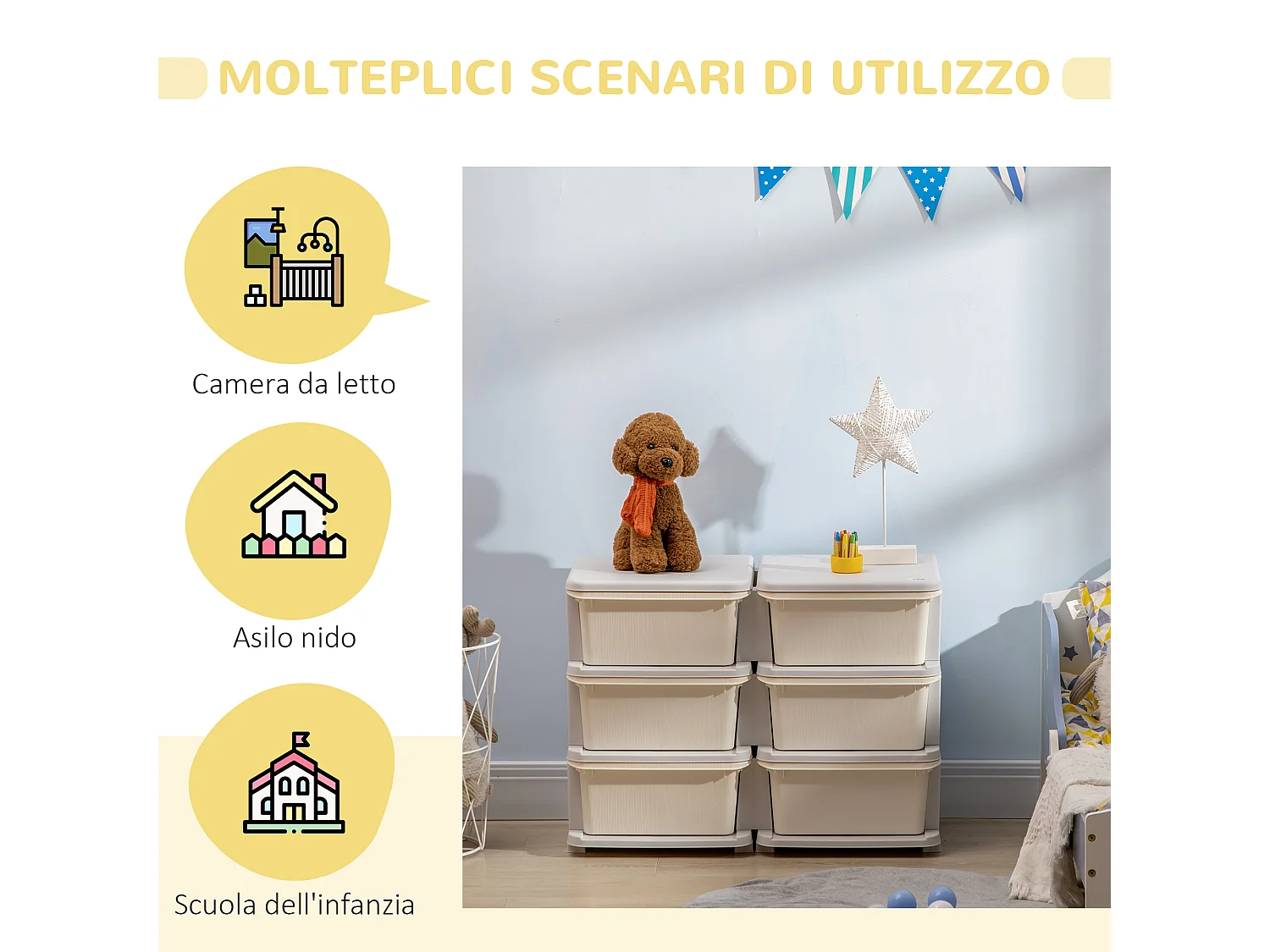 Mobile cassettiera per bambini 3-6 anni con bordi arrotondati