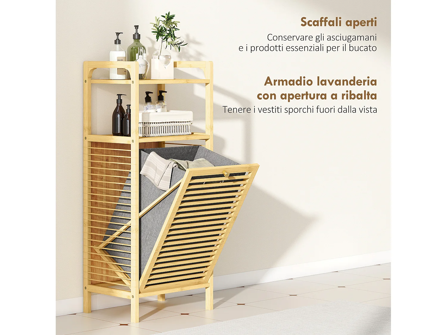 Mobile bagno a doghe con cesto portabiancheria estraibile da 37l