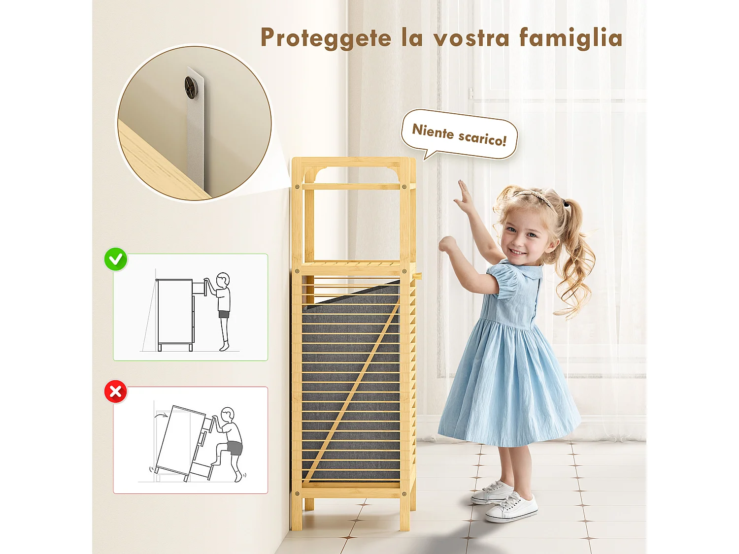 Mobile bagno a doghe con cesto portabiancheria estraibile da 37l