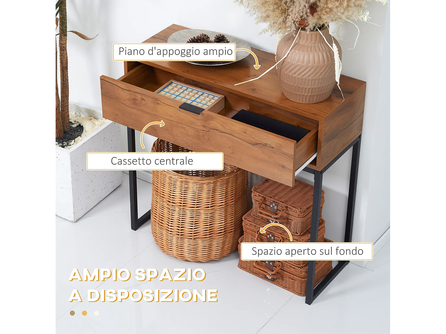 homcom consolle ingresso minimal con cassetto grande e maniglia, tavolino a consolle in truciolato con gambe in acciaio, 80x30x76 cm, marrone e nero