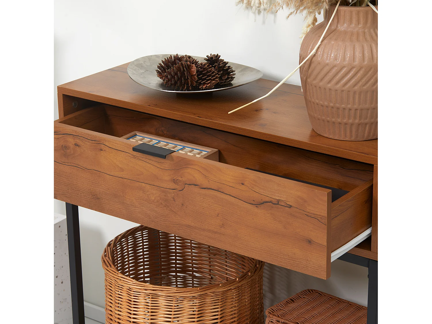 homcom consolle ingresso minimal con cassetto grande e maniglia, tavolino a consolle in truciolato con gambe in acciaio, 80x30x76 cm, marrone e nero