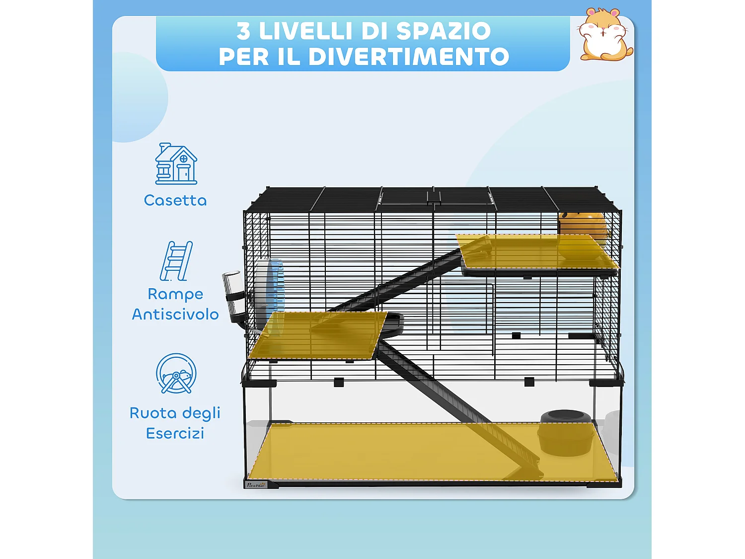 Gabbia criceti 3 livelli vetro temperato nero