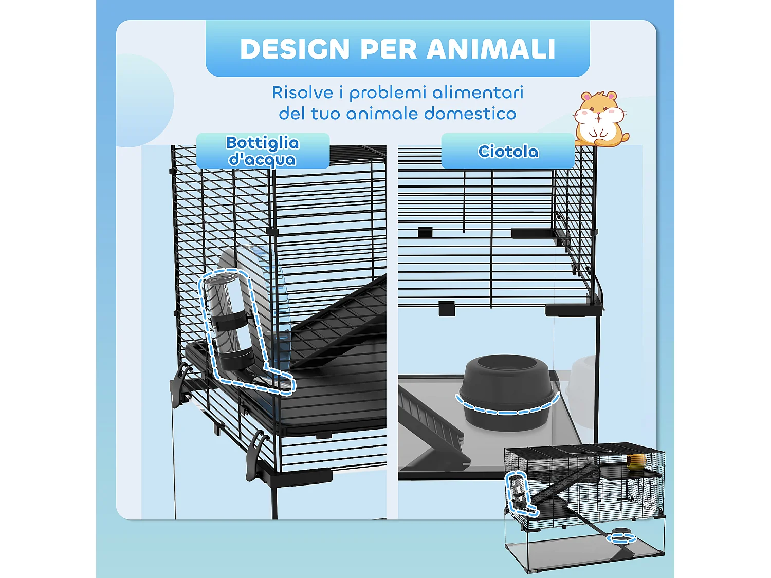 Gabbia criceti 3 livelli vetro temperato nero