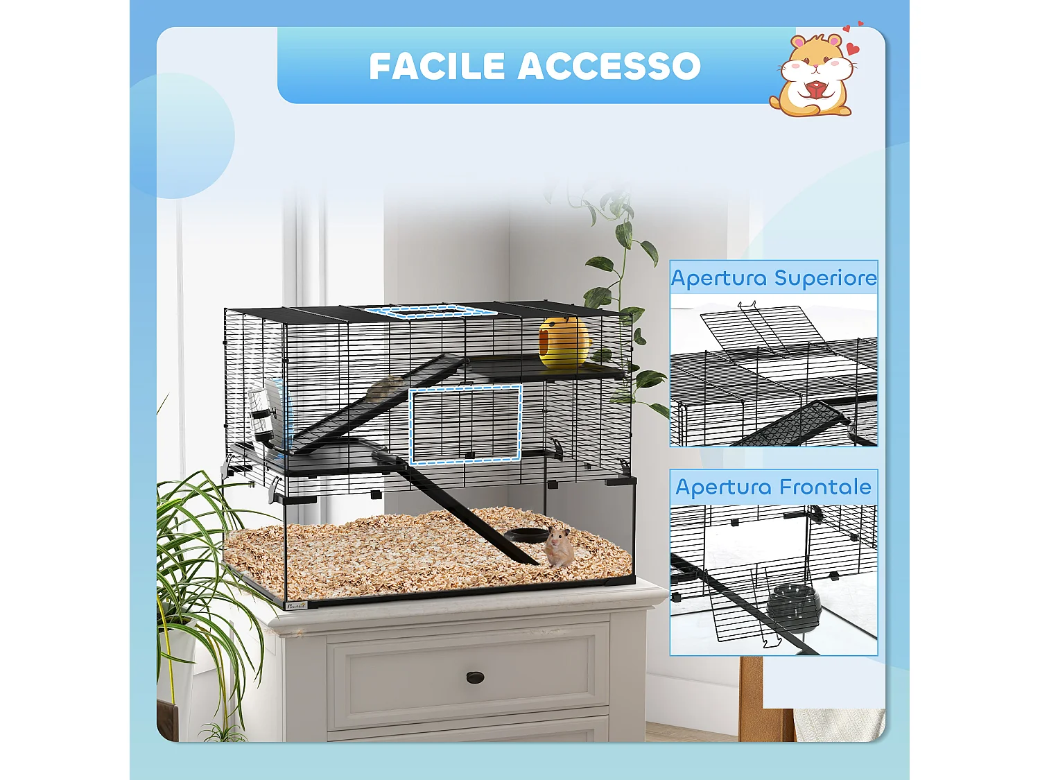 Gabbia criceti 3 livelli vetro temperato nero