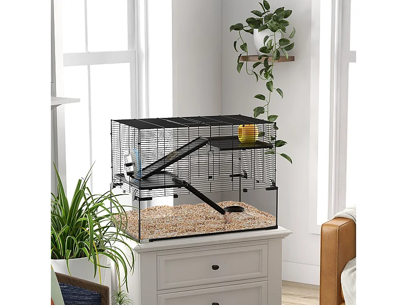 Gabbia criceti 3 livelli vetro temperato nero