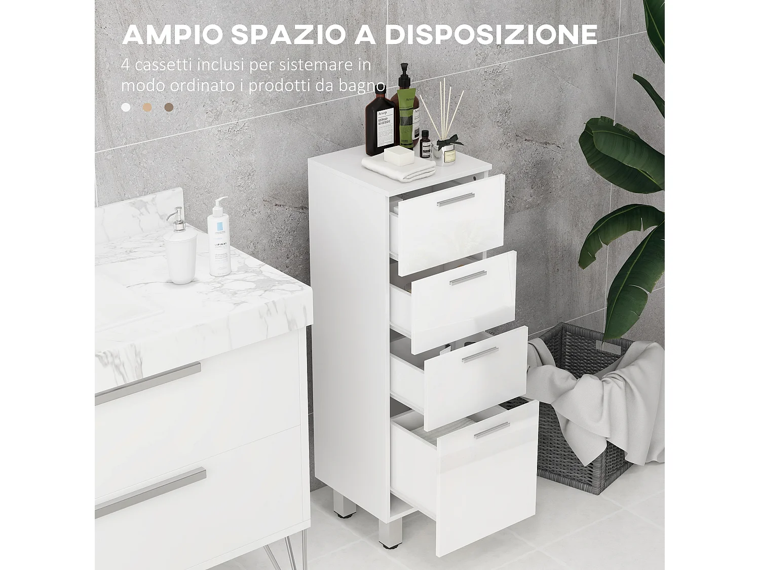 Mobiletto bagno in truciolato con 4 cassetti bianco
