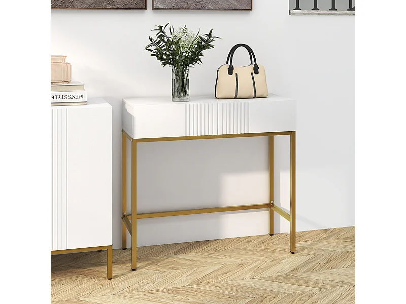 Consolle da ingresso con 2 cassetti in legno e acciaio bianco