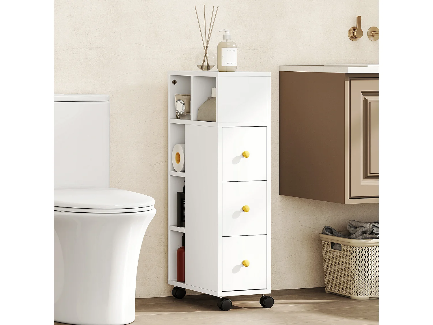 Mobiletto bagno salvaspazio con ruote a freno mobile bagno con 3 cassetti