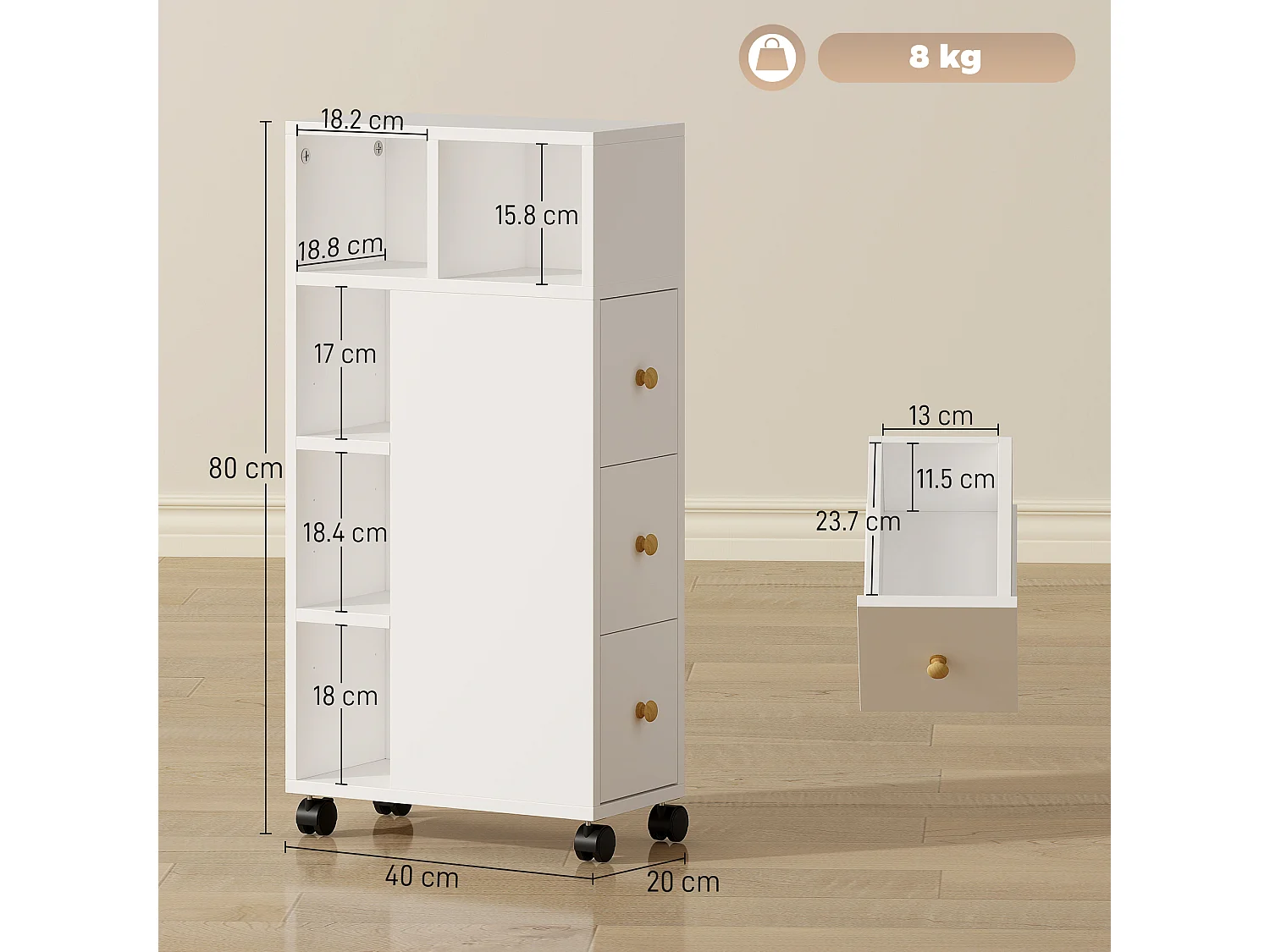 Mobiletto bagno salvaspazio con ruote a freno mobile bagno con 3 cassetti