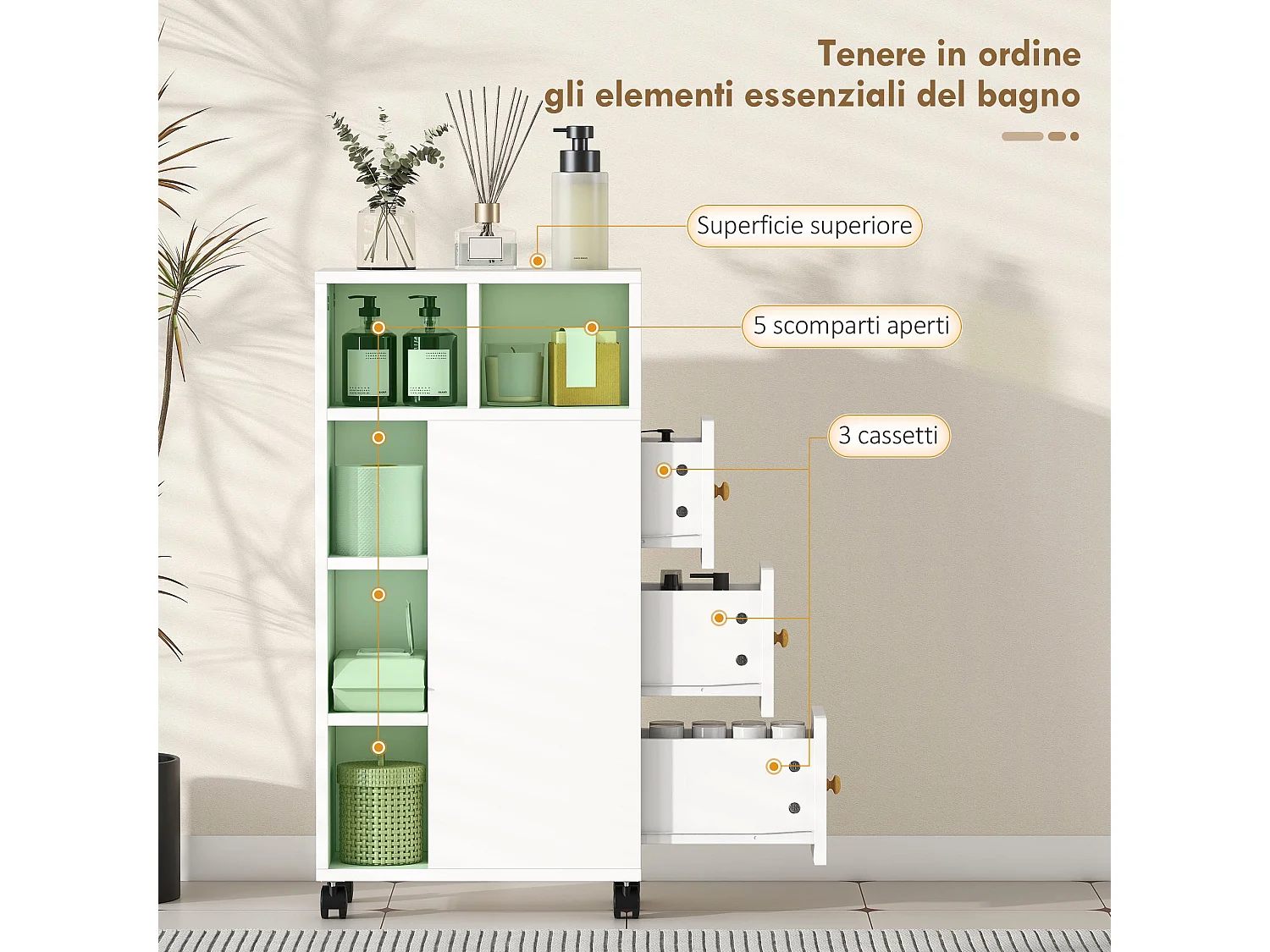 Mobiletto bagno salvaspazio con ruote a freno mobile bagno con 3 cassetti