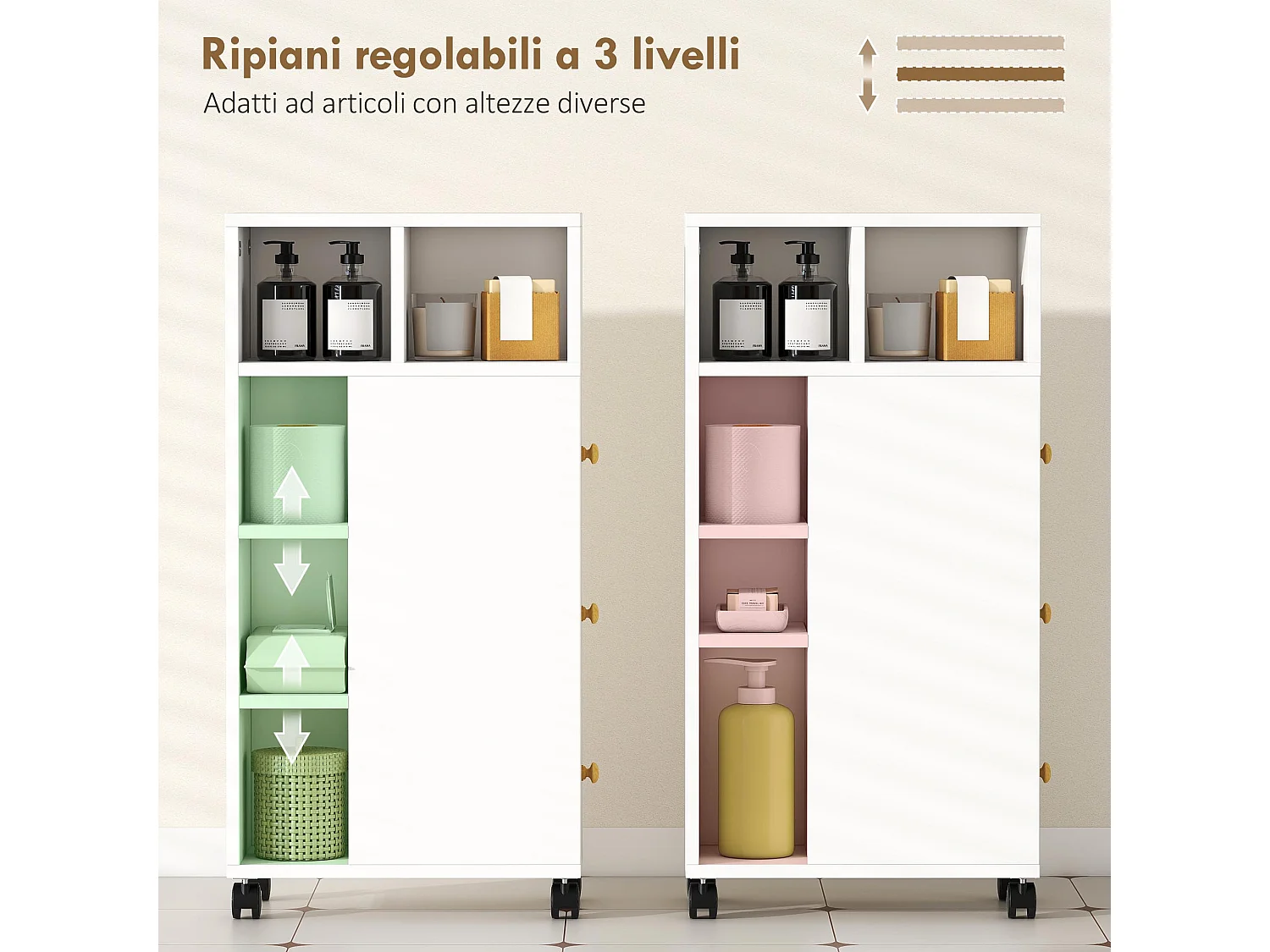 Mobiletto bagno salvaspazio con ruote a freno mobile bagno con 3 cassetti