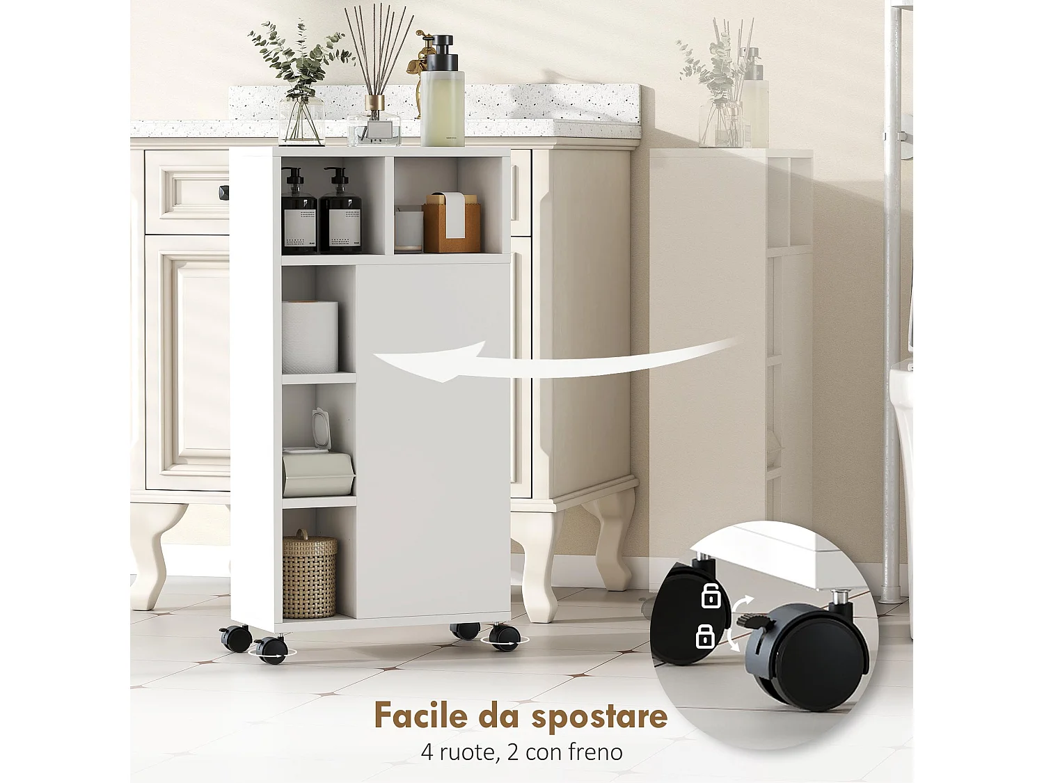 Mobiletto bagno salvaspazio con ruote a freno mobile bagno con 3 cassetti