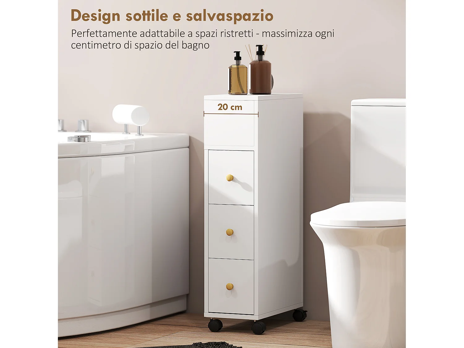 Mobiletto bagno salvaspazio con ruote a freno mobile bagno con 3 cassetti