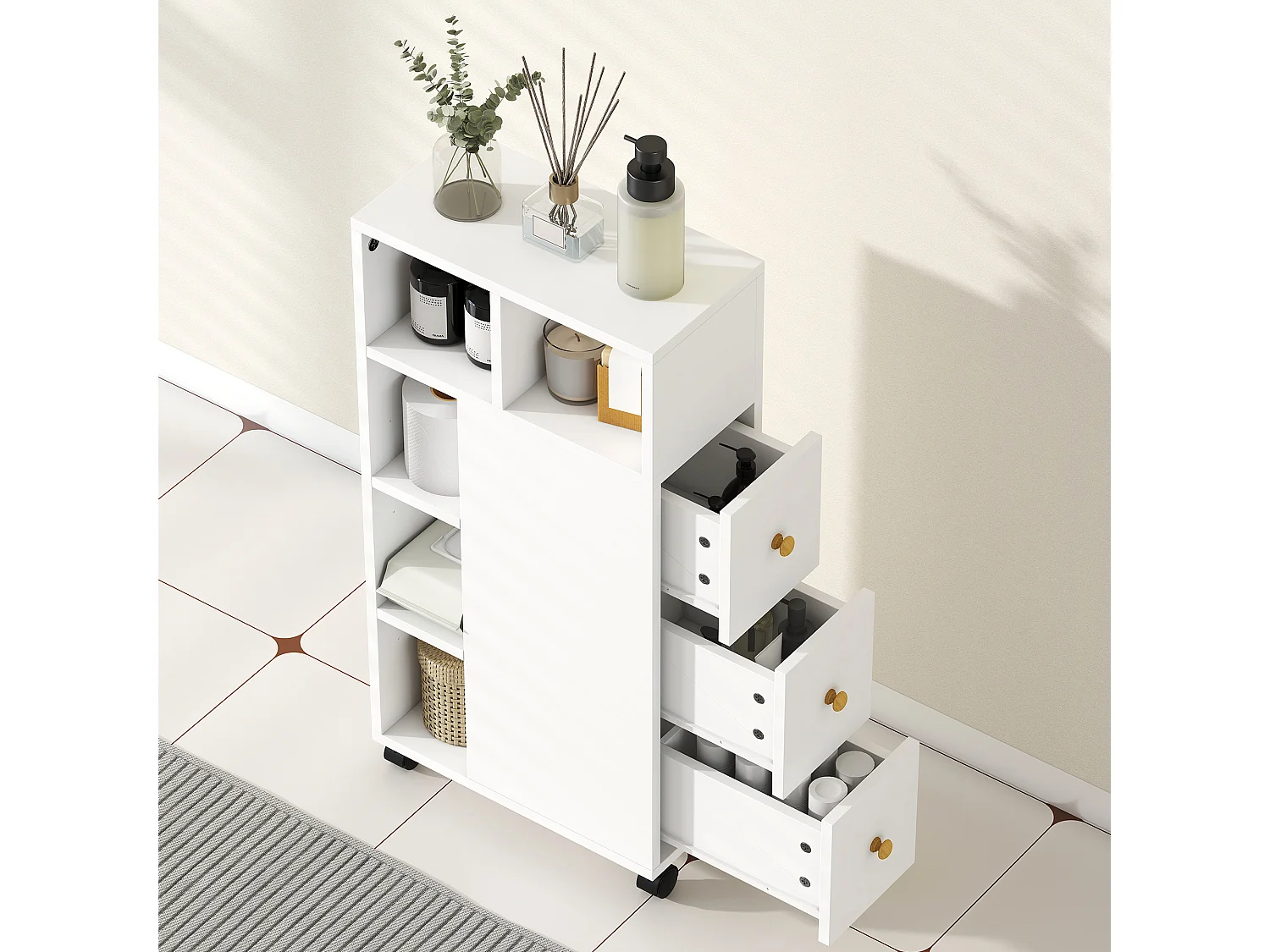 Mobiletto bagno salvaspazio con ruote a freno mobile bagno con 3 cassetti