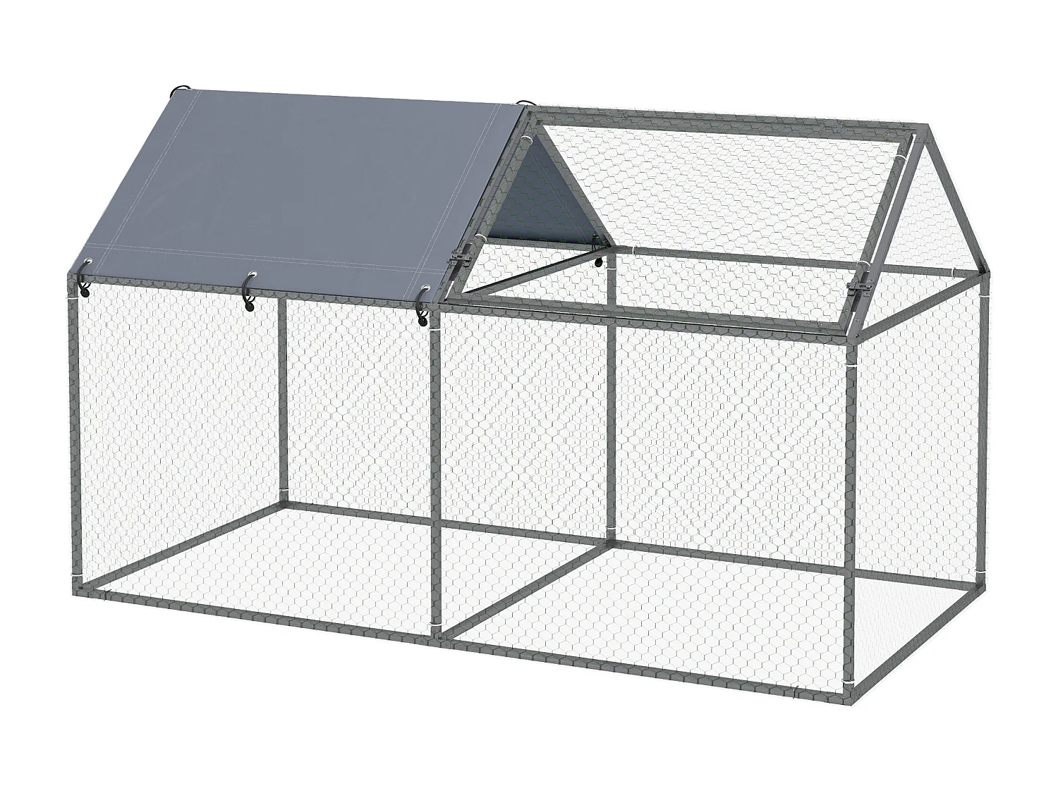 Gabbia per animali con picchetti e tetto verde e argento