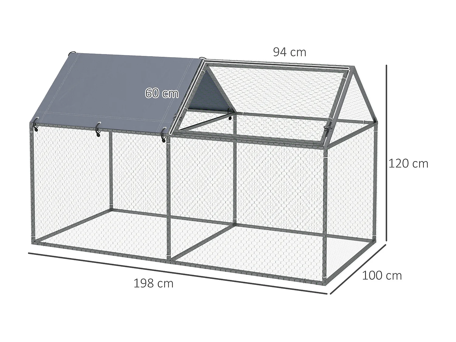 Gabbia per animali con picchetti e tetto verde e argento