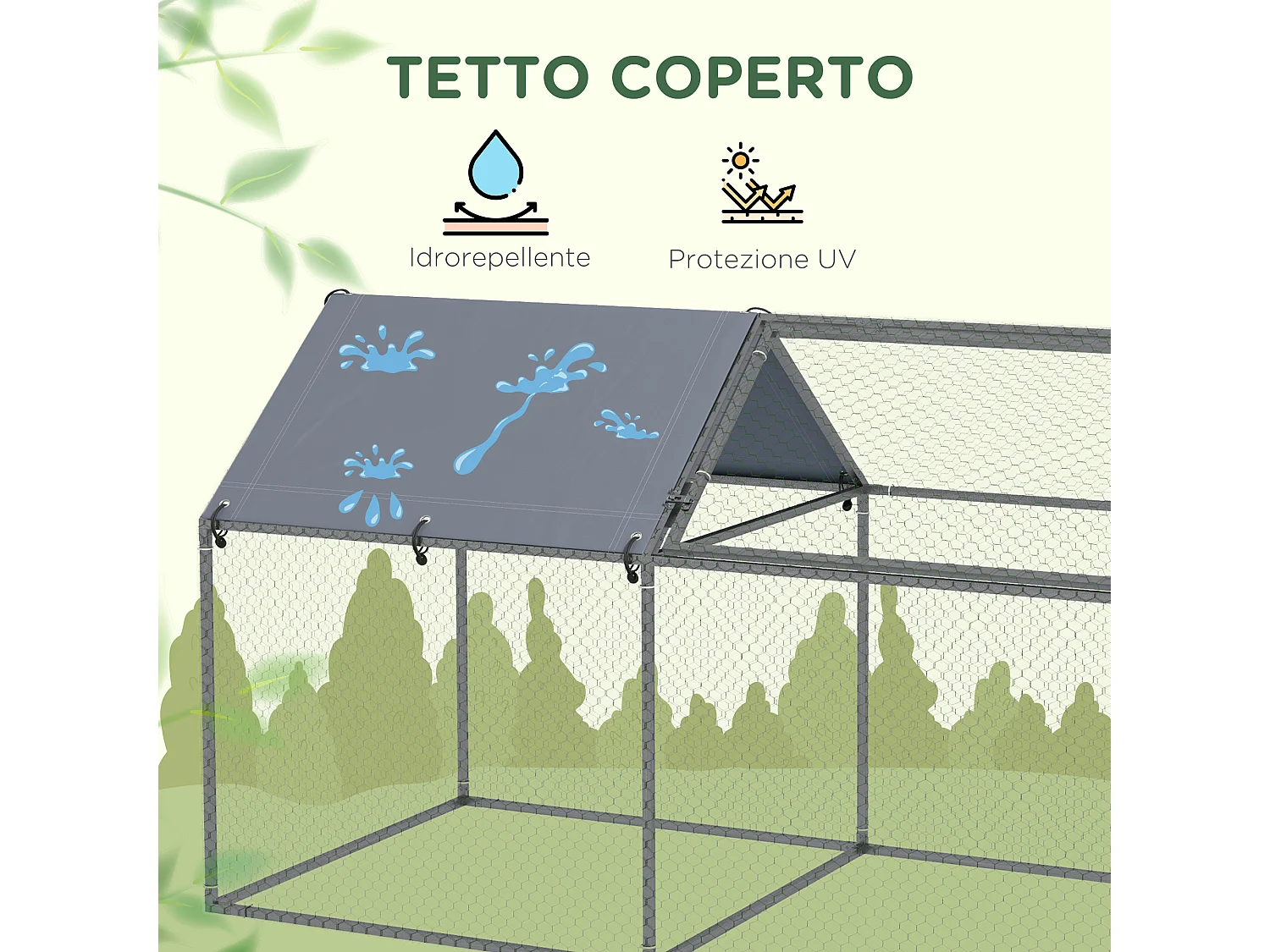 Gabbia per animali con picchetti e tetto verde e argento