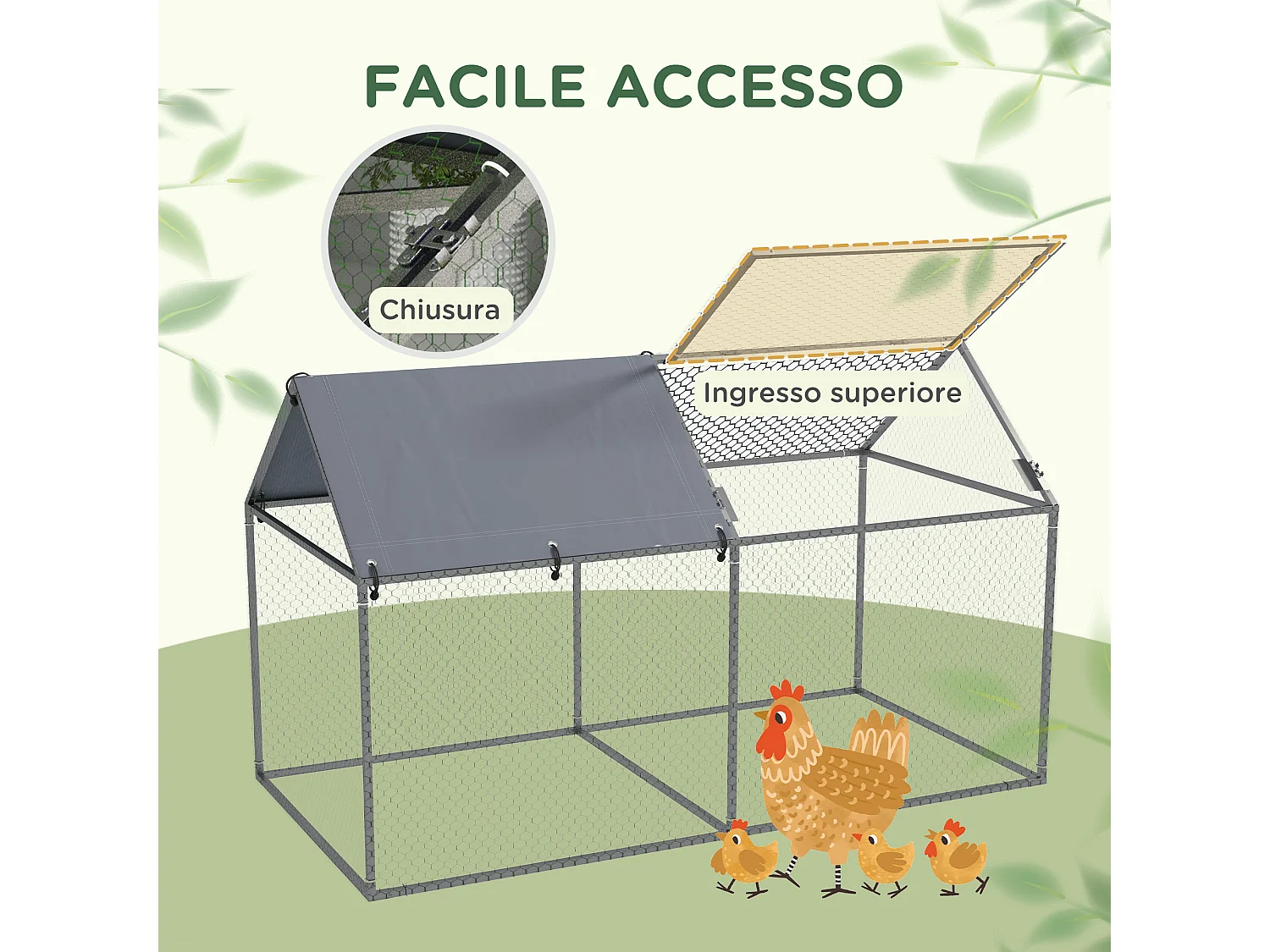 Gabbia per animali con picchetti e tetto verde e argento