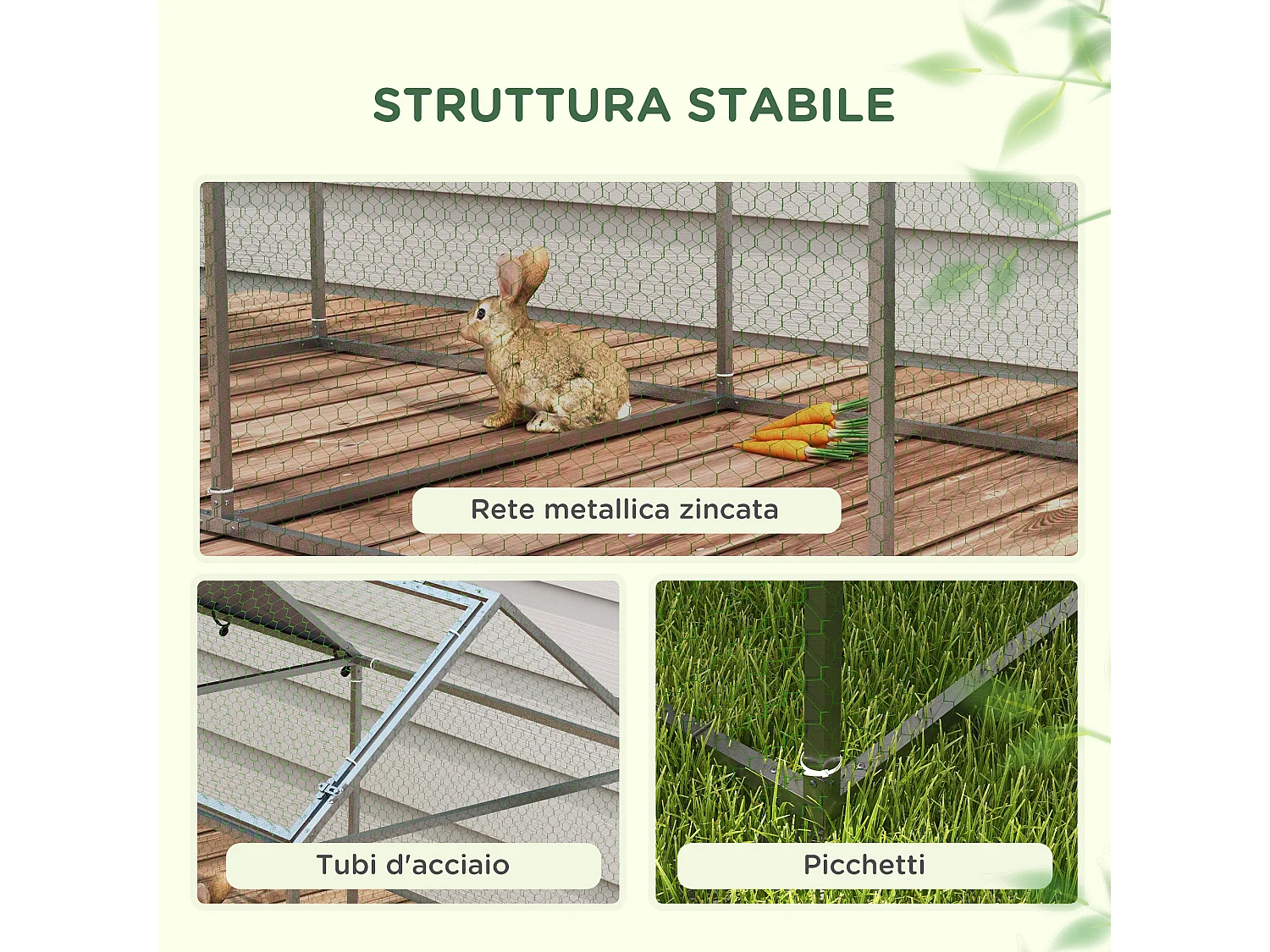 Gabbia per animali con picchetti e tetto verde e argento