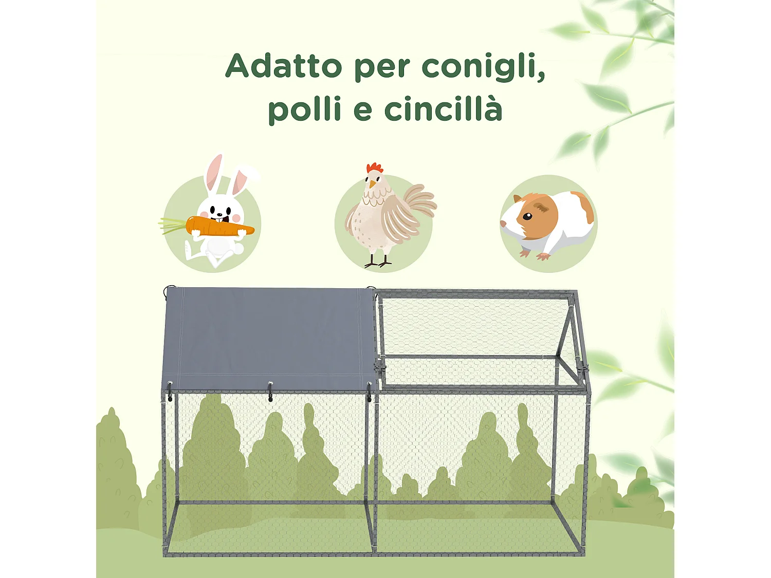 Gabbia per animali con picchetti e tetto verde e argento