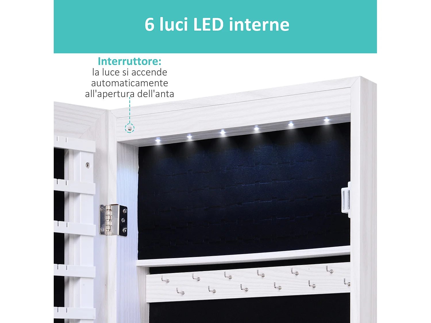 Specchiera portagioielli in legno bianco con 6 luci spazi portaoggetti