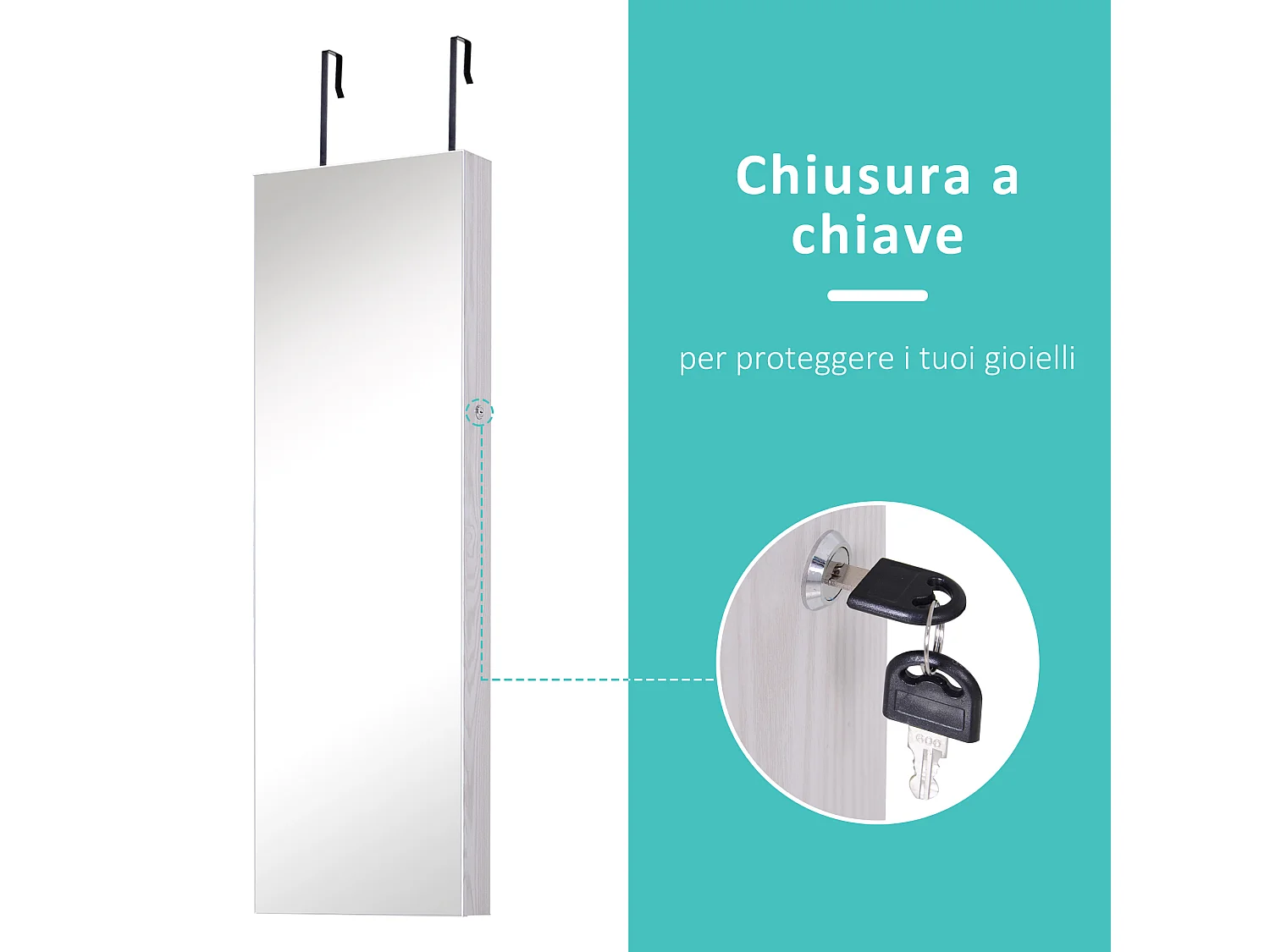 Specchiera portagioielli in legno bianco con 6 luci spazi portaoggetti