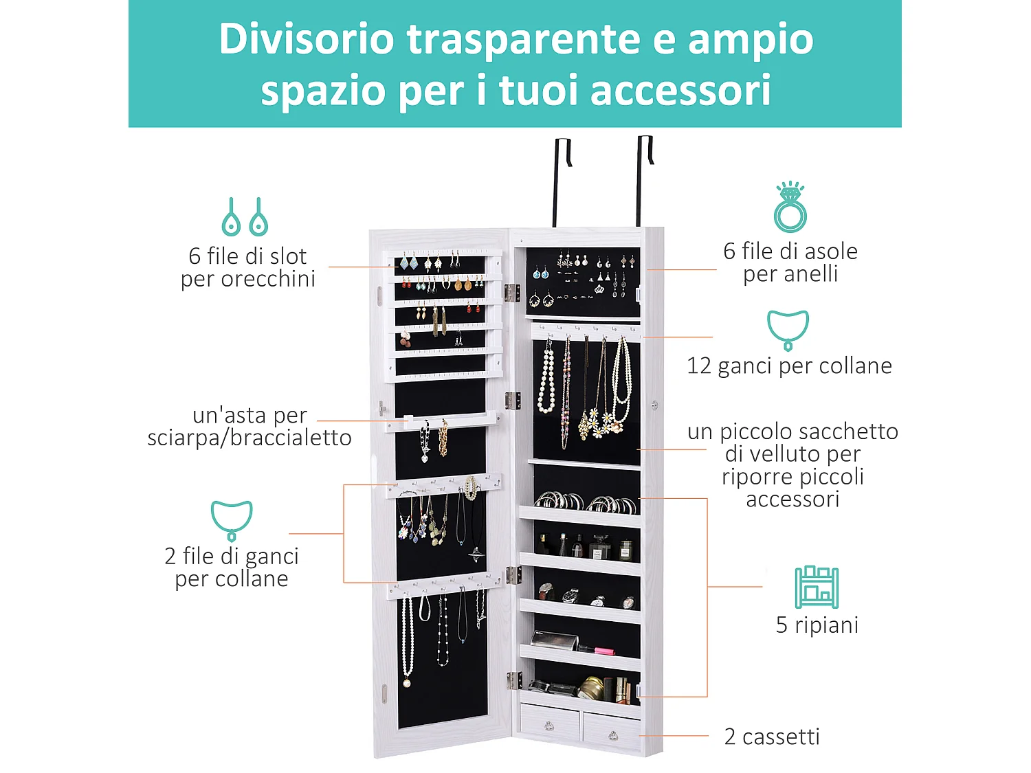 Specchiera portagioielli in legno bianco con 6 luci spazi portaoggetti