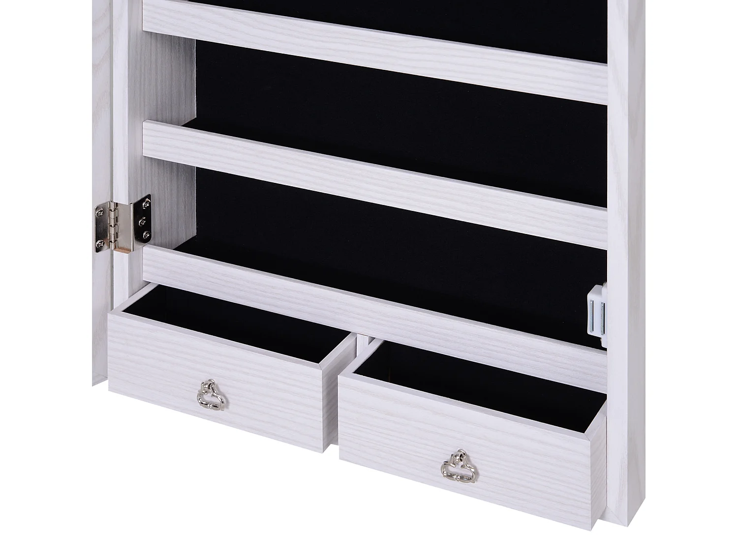 Specchiera portagioielli in legno bianco con 6 luci spazi portaoggetti