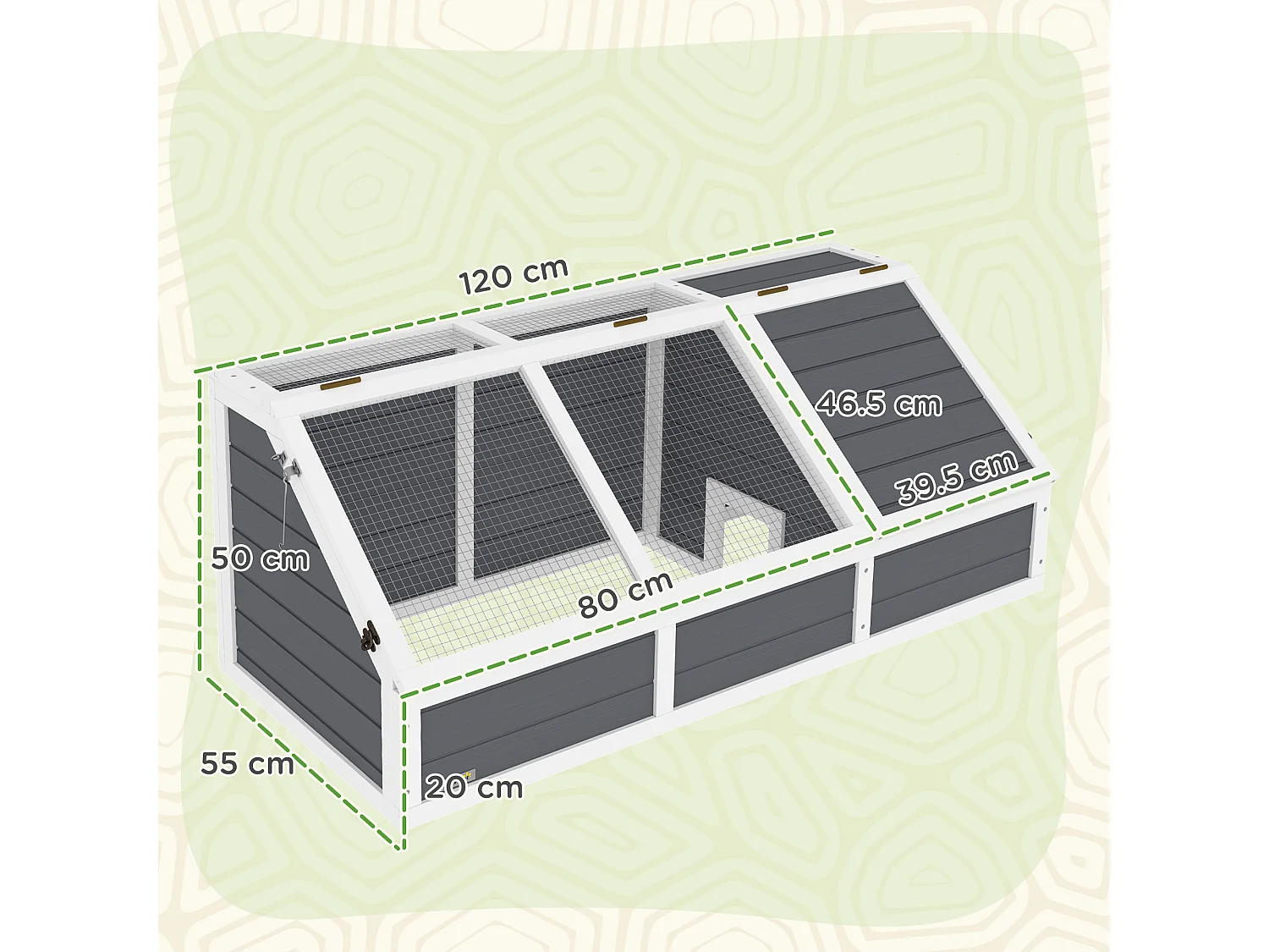 Casetta per tartarughe di terra legno e acciaio grigio chiaro bianco